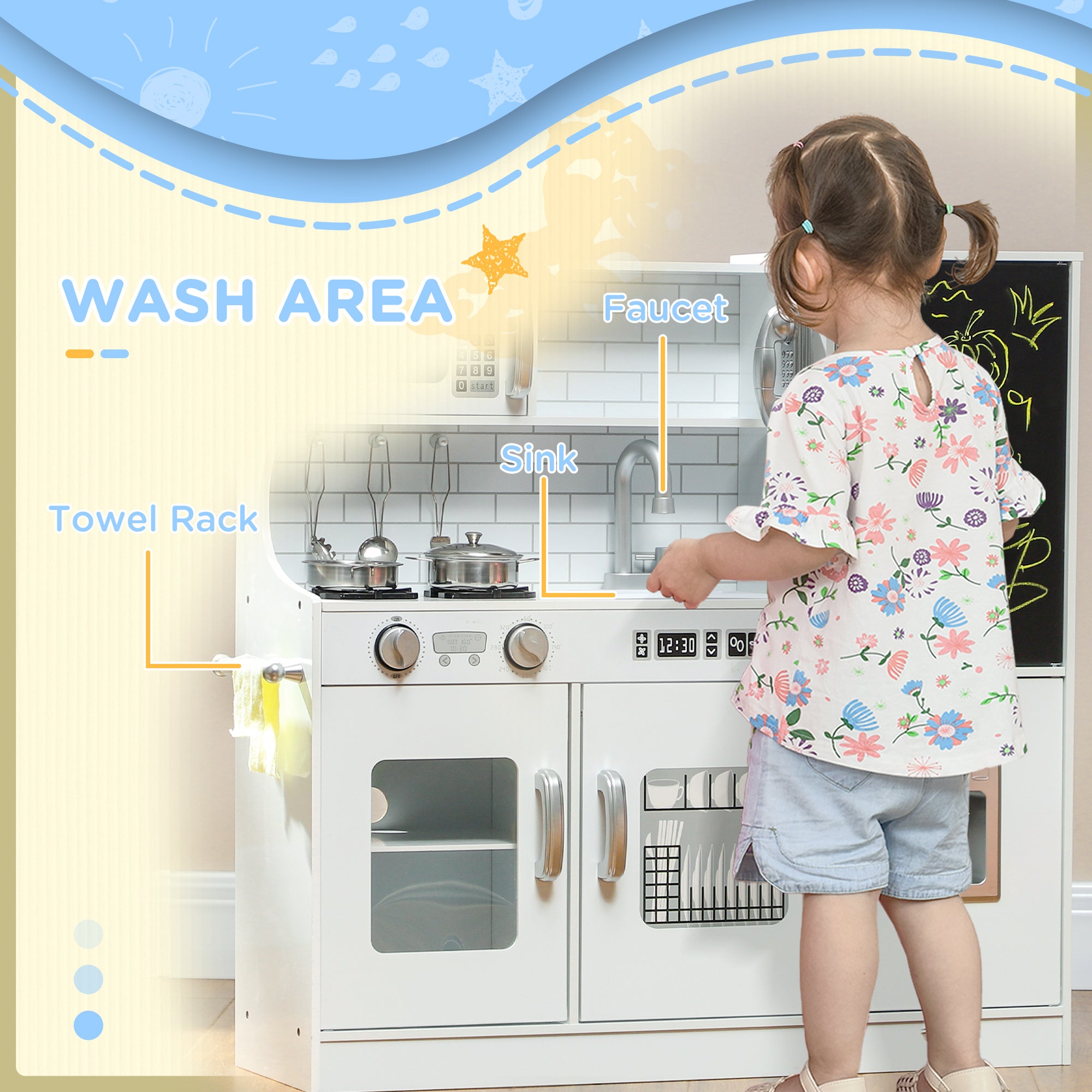 Pretend Play Kitchen, Kids Kitchen Playset with Play Phone, Chalkboard, Towel Rack & Ice Maker for 3-8 Years White