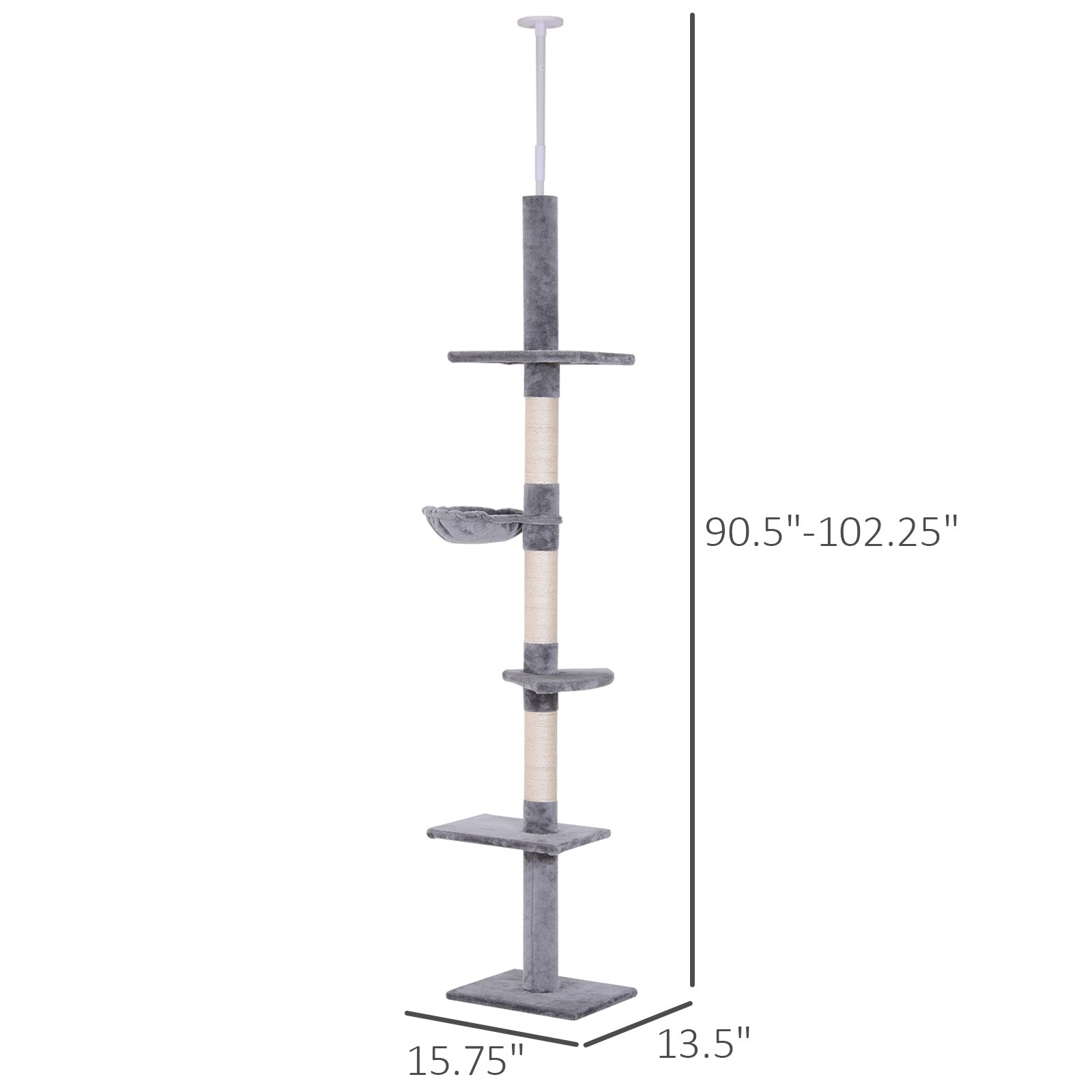 102" Adjustable Height Floor to Ceiling Cat Tree, 5 Level Cat Tower with Scratching Posts, Hammock, Gray - Grey - Image 3