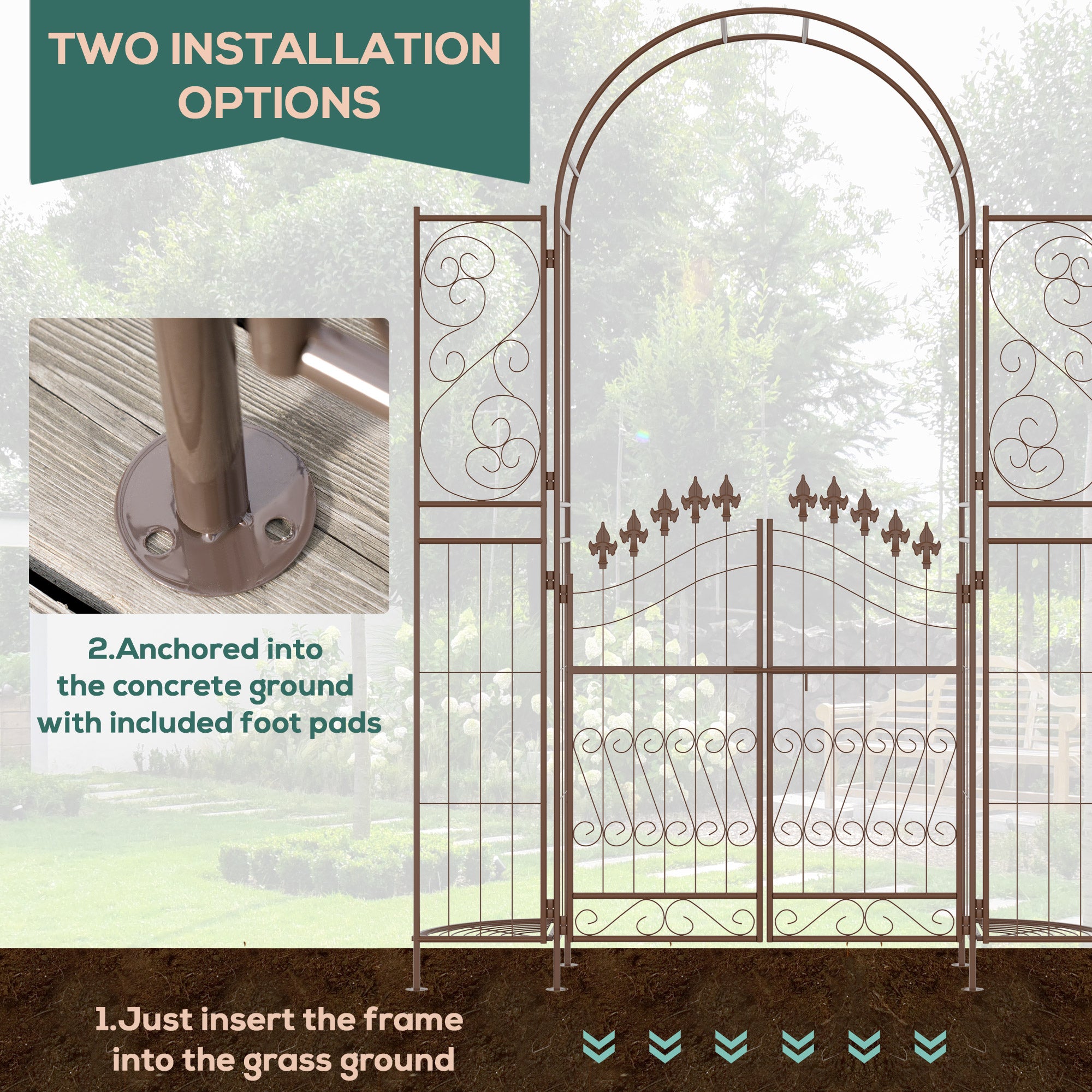 7' Metal Garden Arbor, Garden Arch with Gate, Fleur De Lis Motif, Latching Doors, Planter Shelves for Climbing Vines, Ceremony, Weddings, Party, Garden, Backyard, Lawn, Brown - Brown - Image 7