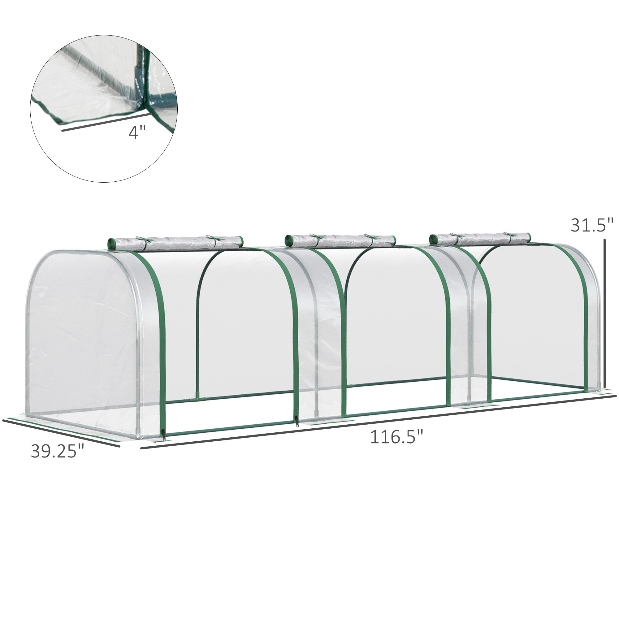 9.7' L x 3' W x 2.5' H Portable Tunneled Greenhouse with 3 Zippered Doors, Water/UV Fighting PVC Cover - Clear - Image 3