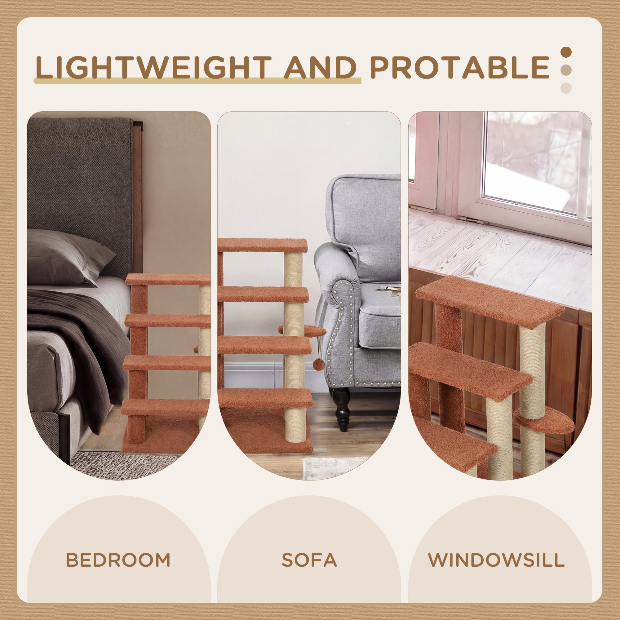 4 Levels Cat Steps with Scratching Posts for High Bed, Sofa, Brown - Brown - Image 7