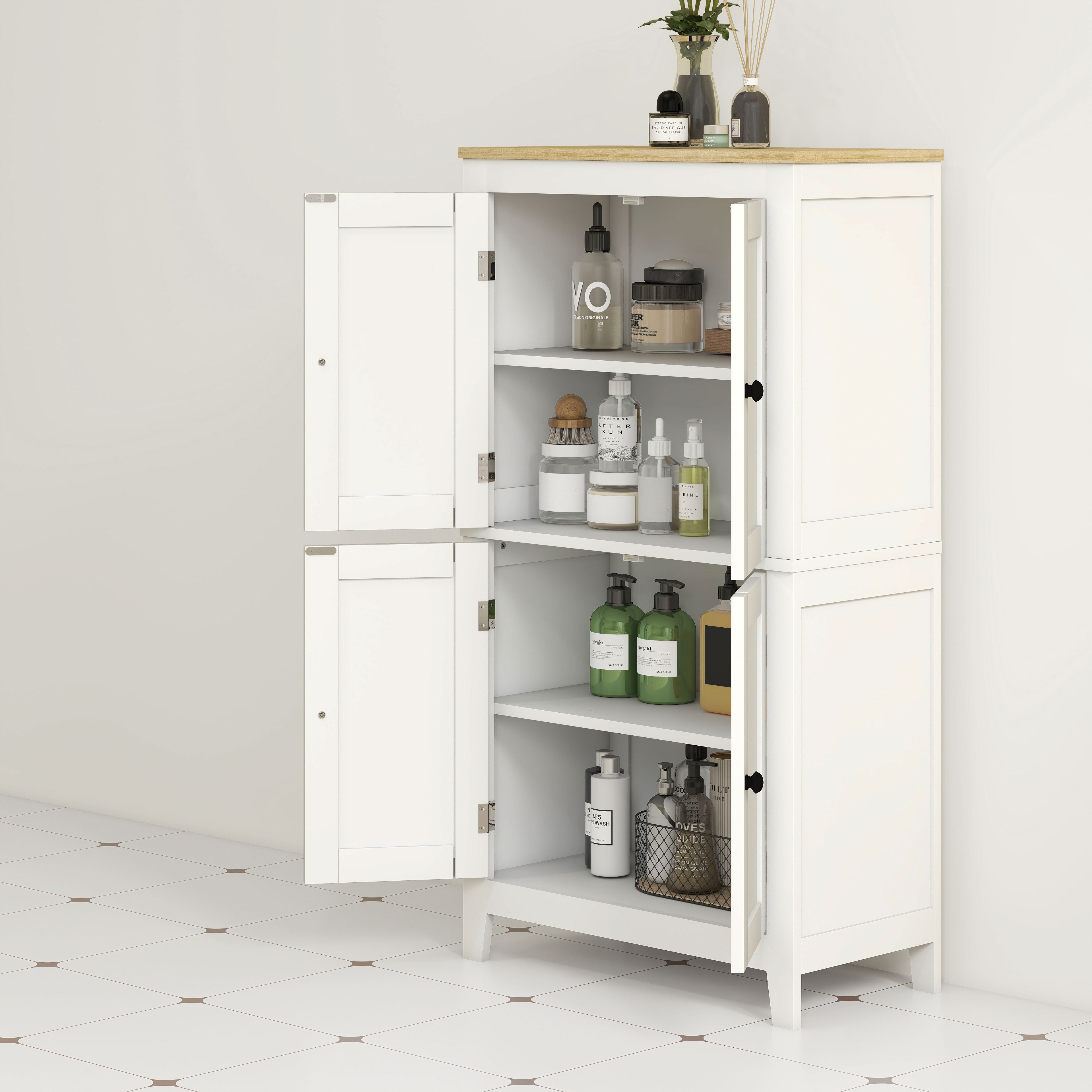 Bathroom Storage Cabinet, Modern Bathroom Floor Cabinet with 4 Doors and 2 Adjustable Shelves, White