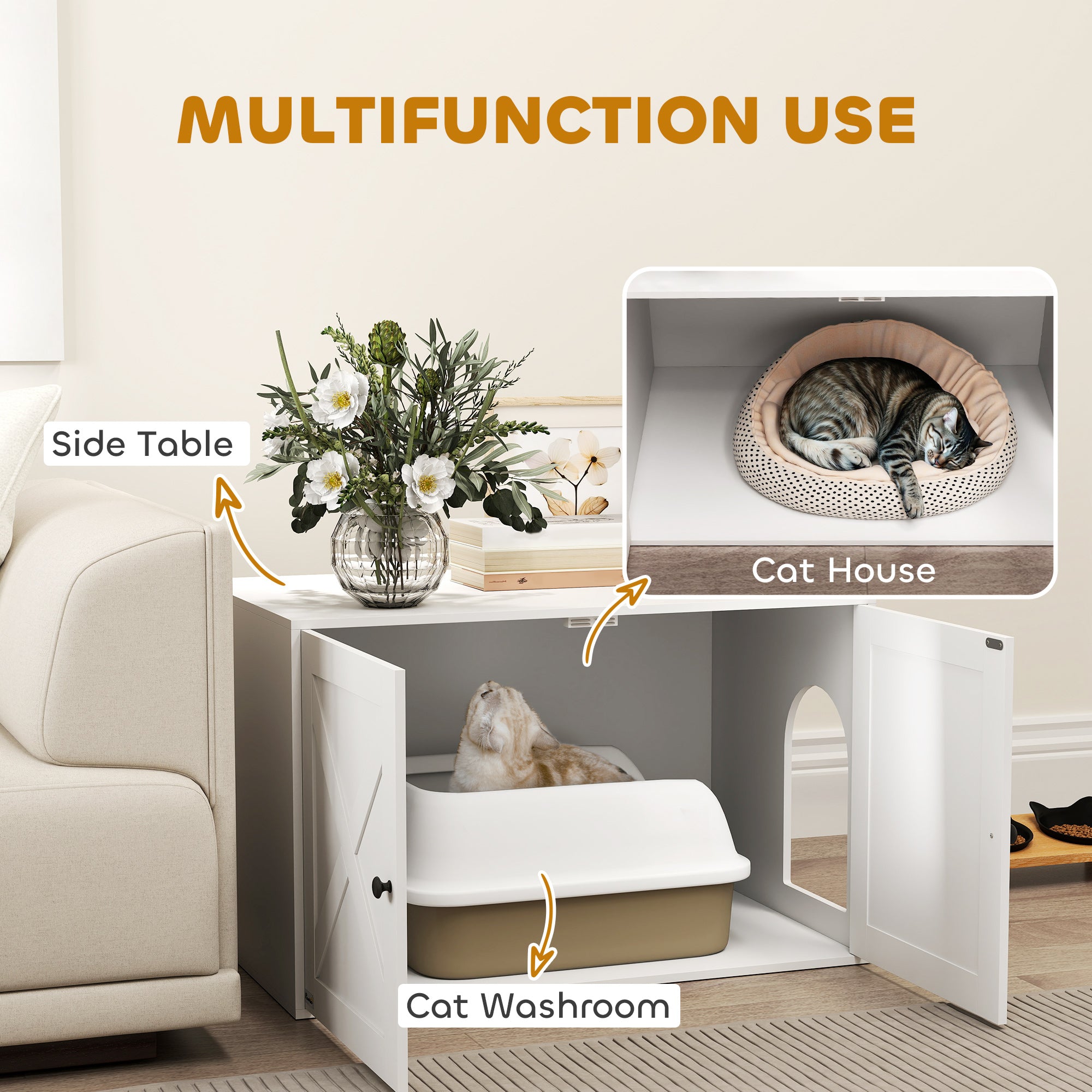 Cat Litter Box Enclosure with Barn Door, Cat Hole, 31.5" x 21" x 20", White - White - Image 4