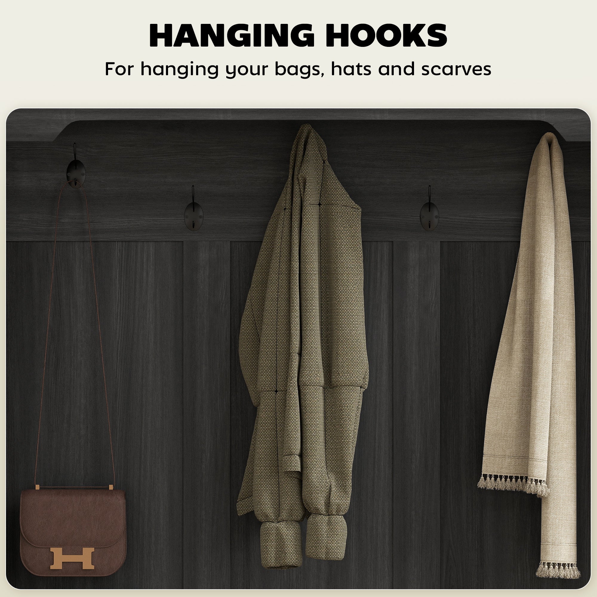 3-in-1 Hall Tree with Shoe Storage, Coat Rack with Bench, Entryway Furniture with Five Hooks, Black Wood Grain