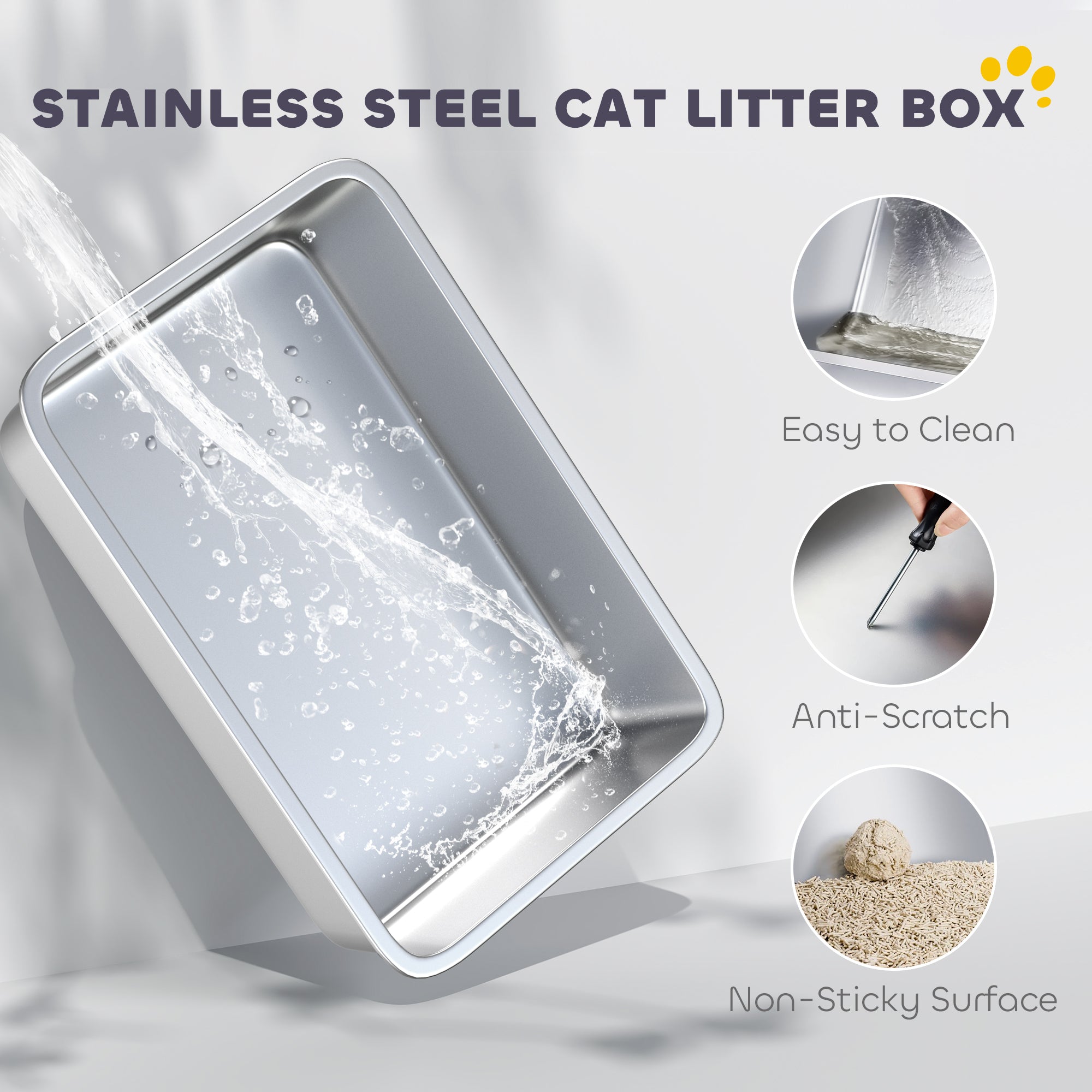 Extra Large Stainless Steel Cat Litter Box for Big Cats with Flip Cover, High-Sided Enclosure & Scoop - Light Gray - Image 5