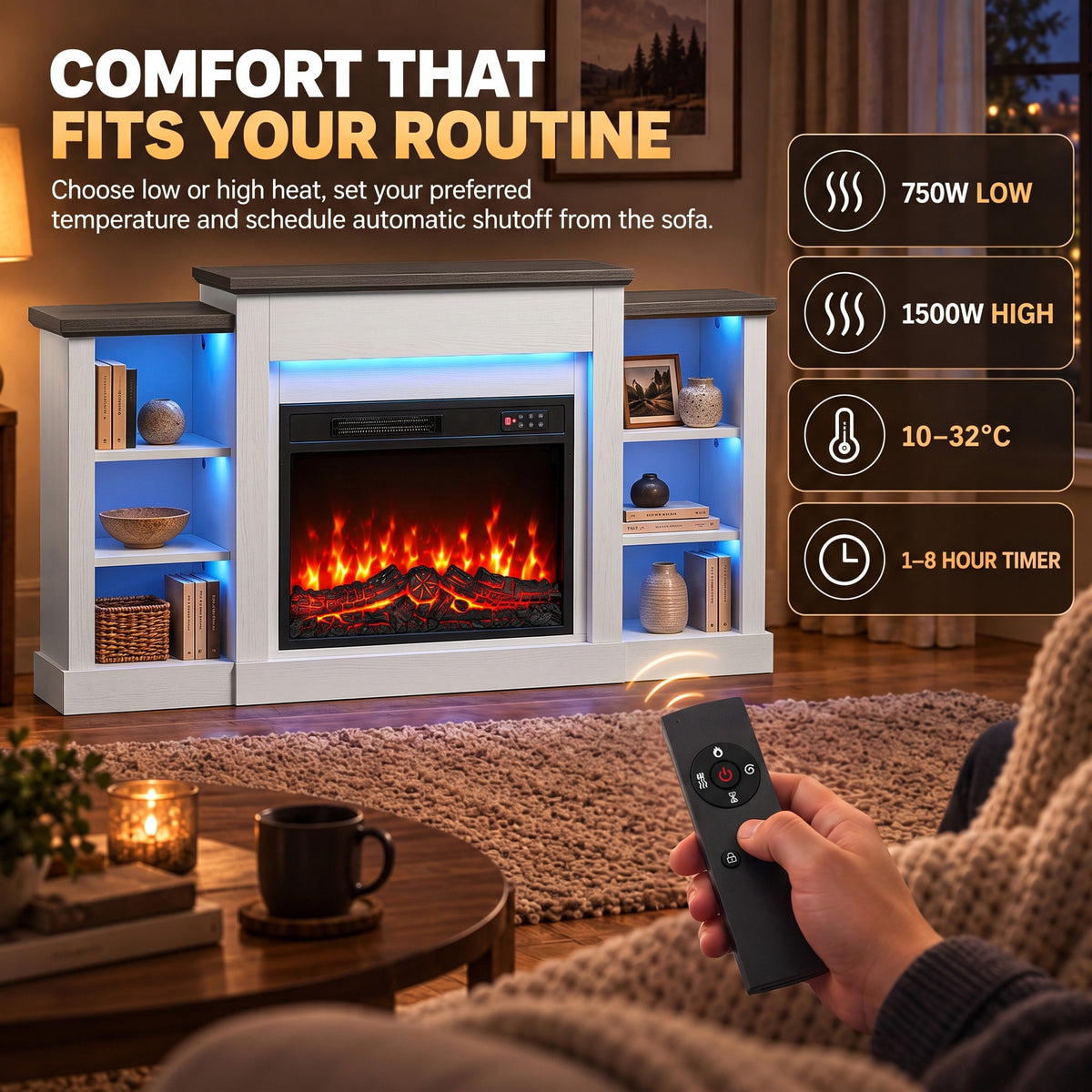 55" Fireplace TV Stand for TVs up to 65", Entertainment Center TV Console, RGB LED Strips, 6 Shelves, White Wood Grain