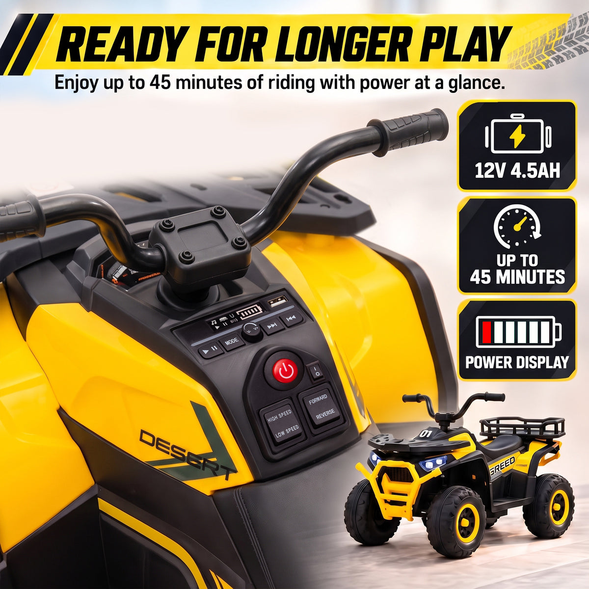 12V Kids ATV, 4 Wheeler Quad with 4 Spring Suspension Wheels, LED Lights, Music USB for 3-5 Years, Yellow
