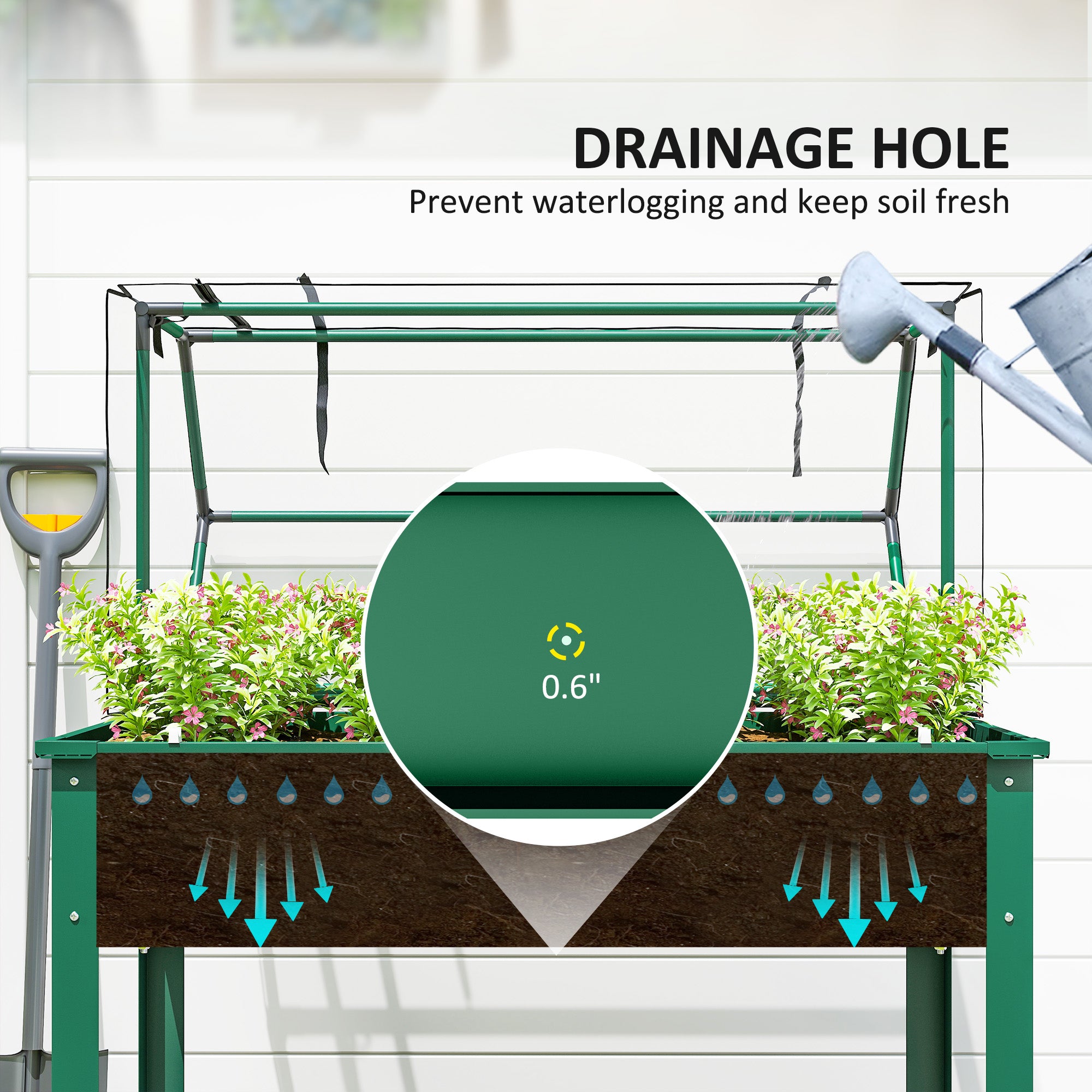Elevated Garden Box with Greenhouse Cover, Raised Garden Bed with Legs and Drainage Hole for Vegetables, Green - Green - Image 6