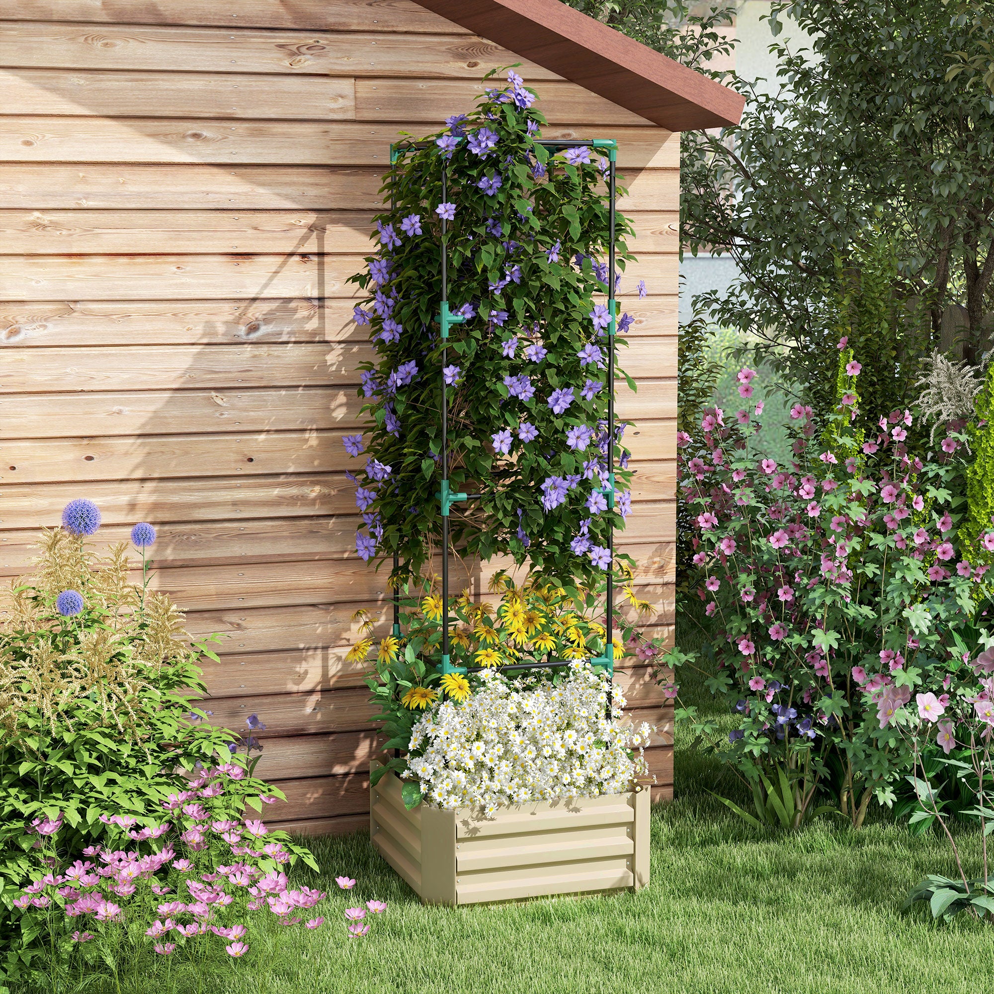 Galvanized Planter Box, 24" x 24" x 73.5" Raised Garden Bed with Tomato Cage for Climbing Vines, Cream - Cream White - Image 2