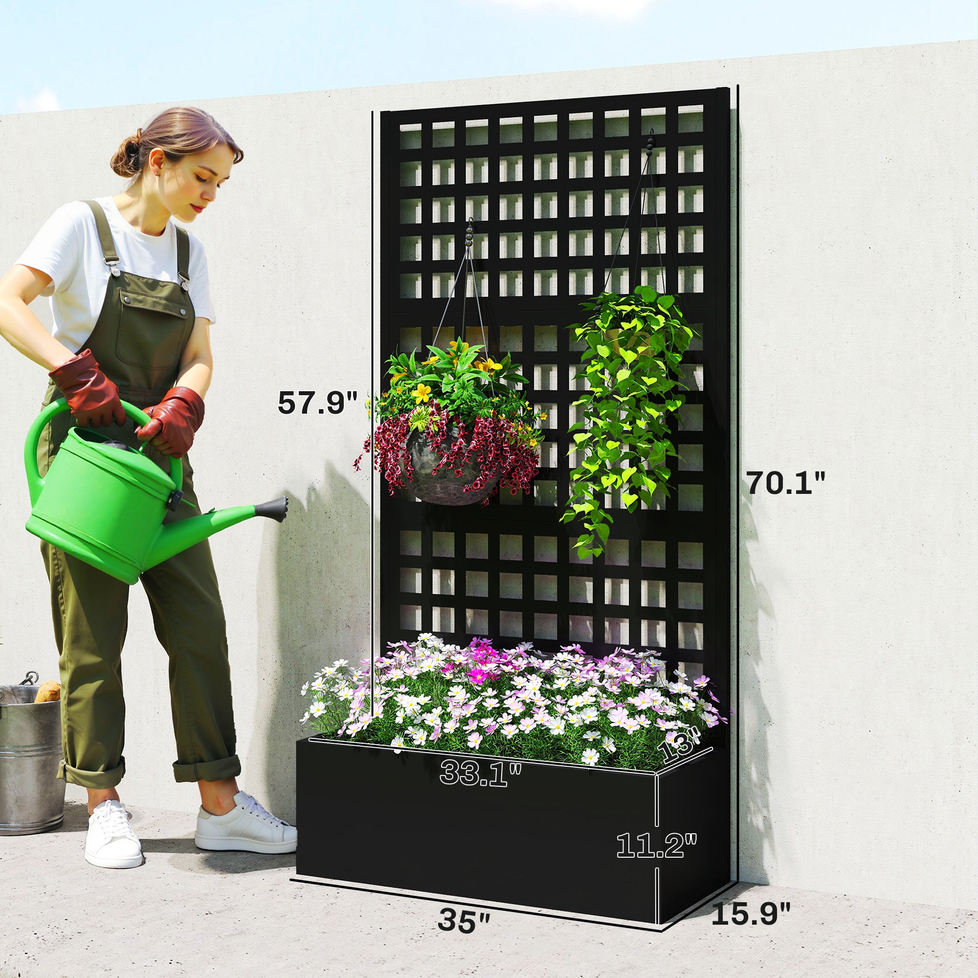 Galvanized Raised Garden Bed Planter Box with Trellis for Climbing Plants, Vegetable, Vines, 35" x 16" x 70", Black - Black - Image 3