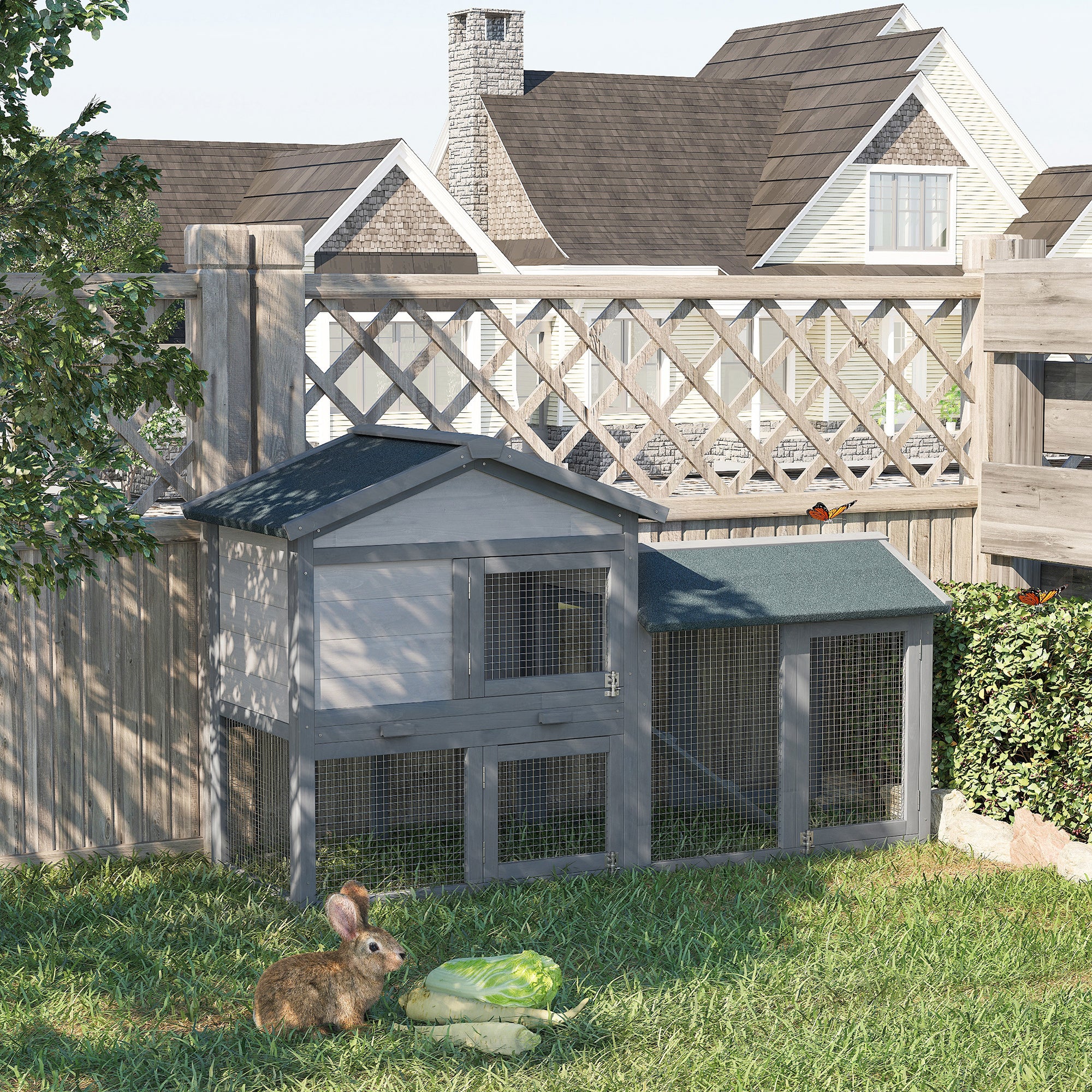 58" Large Rabbit Hutch Outdoor Indoor, Wooden Bunny Hutch, Guinea Pig Cage with Run, Removable Tray, Asphalt Roof, Lockable Doors and Ramp, for 1-2 Small Rabbits, Chickens, Ducks, Dark Gray - Grey - Image 2