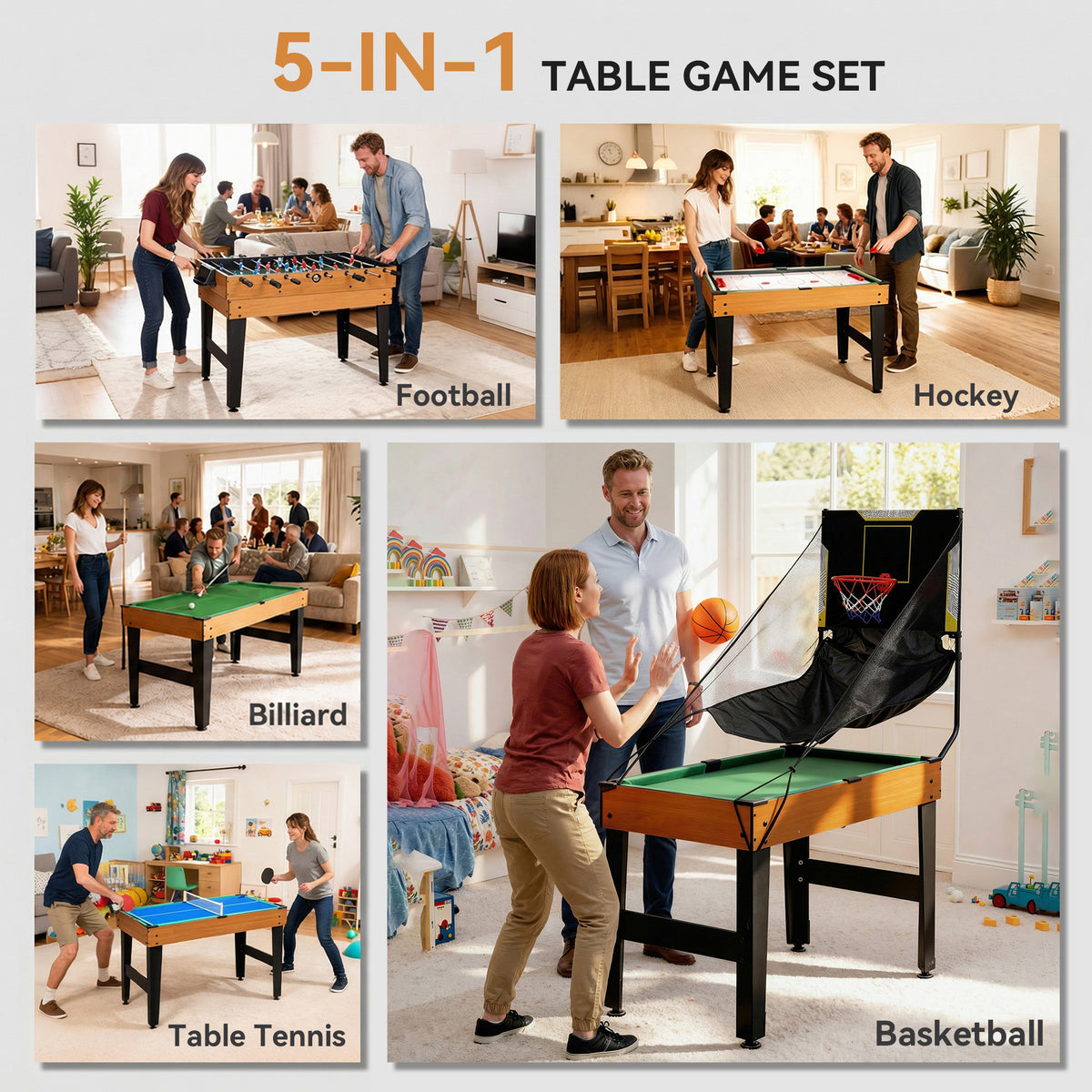 5-in-1 Multi Game Table, 53" Combo Table with Foosball, Pool, Ping Pong, Ice Hockey & Basketball, Game Room Sports Set