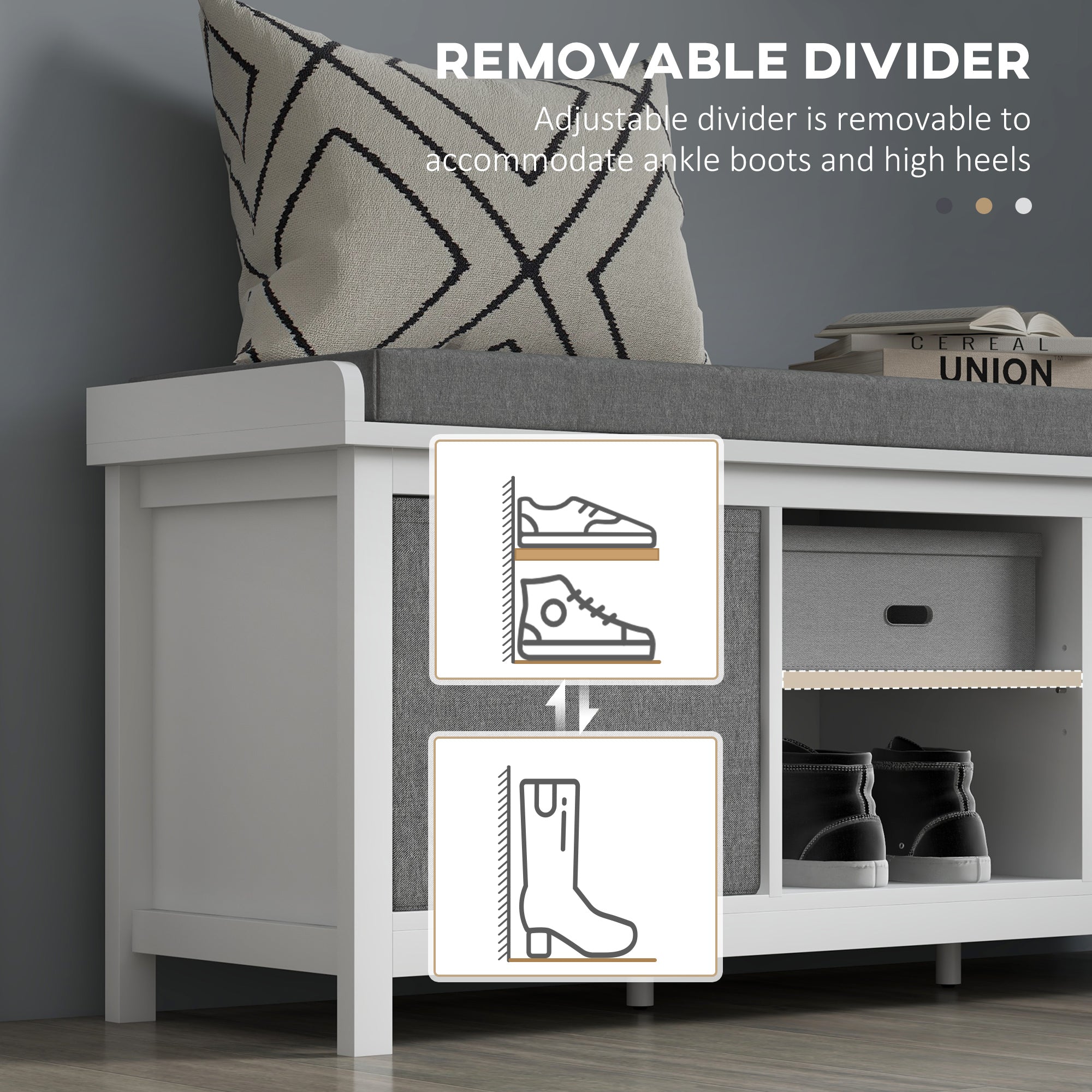Shoe Storage Bench with Cushioned Seat, Entryway Bench Seat with 2 Drawers and Adjustable Shelf for Hallway, White