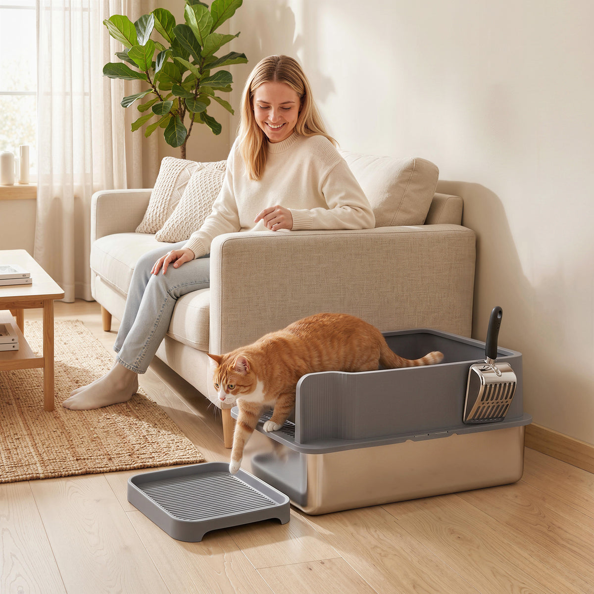 Stainless Steel Sifting Litter Box for Pine Pellets, Large Metal Litter Box with Sifter Tray, Metal Scoop, 10 Pee Pads