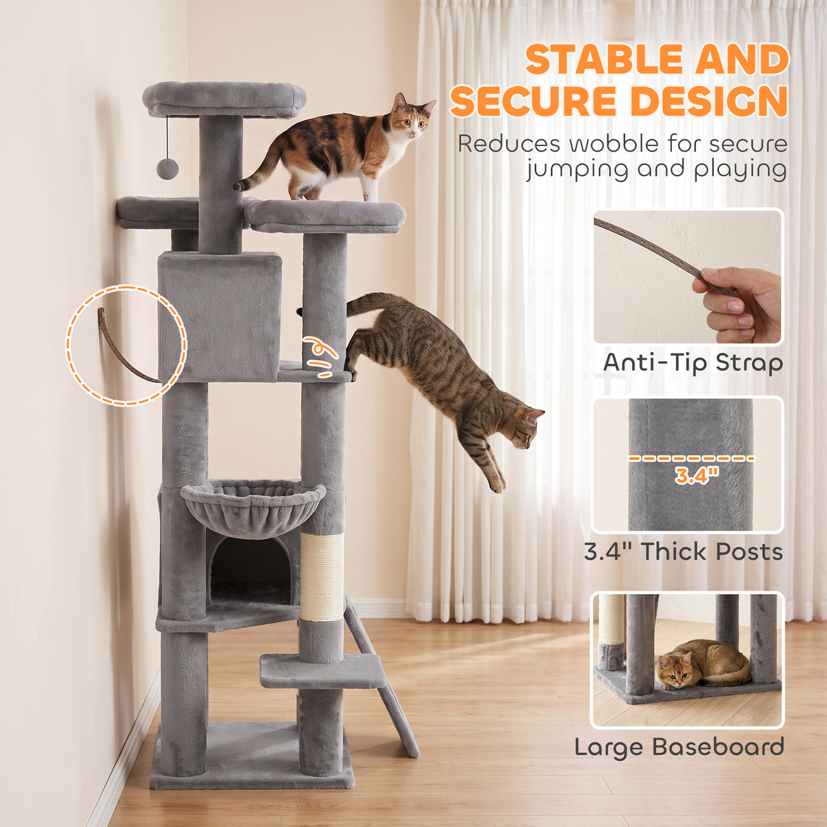 72" Cat Tree, Large Cat Tower with 2 Condos, 3 Padded Beds, Hammock, 3 Scratching Posts and Ladder