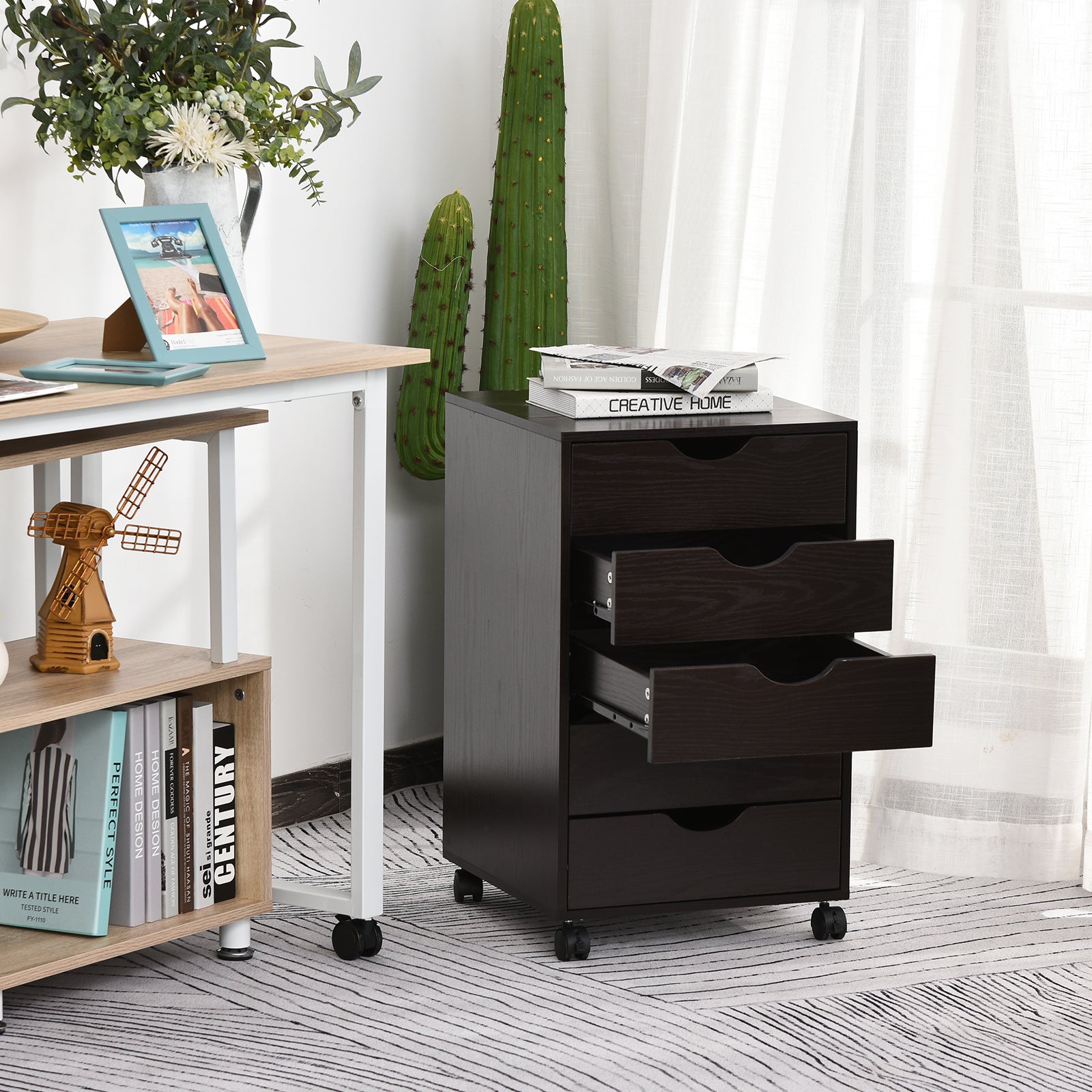5 Drawer File Cabinet Storage Organizer Filing Cabinet with Nordic Minimalist Modern Style & Wheels, Brown