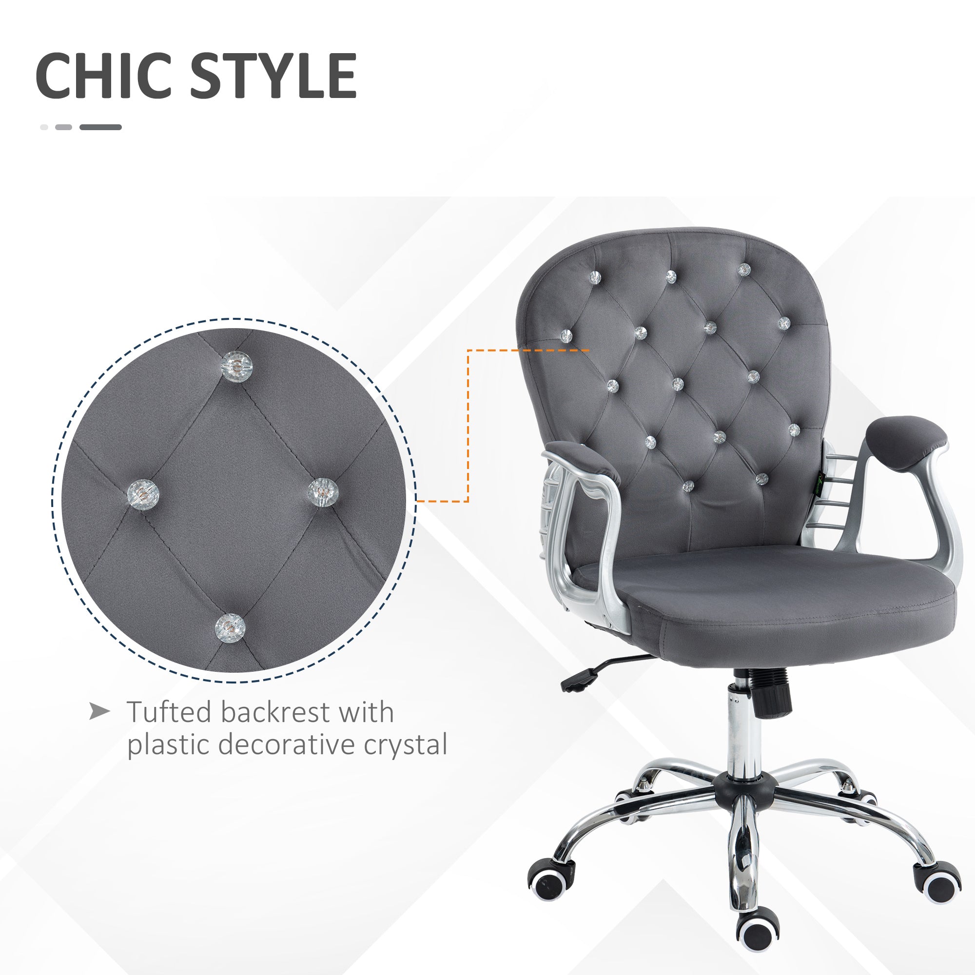 Button Tufted Desk Chair, Home Office Chair with Padded Armrests, Adjustable Height and Swivel Wheels, Dark Gray