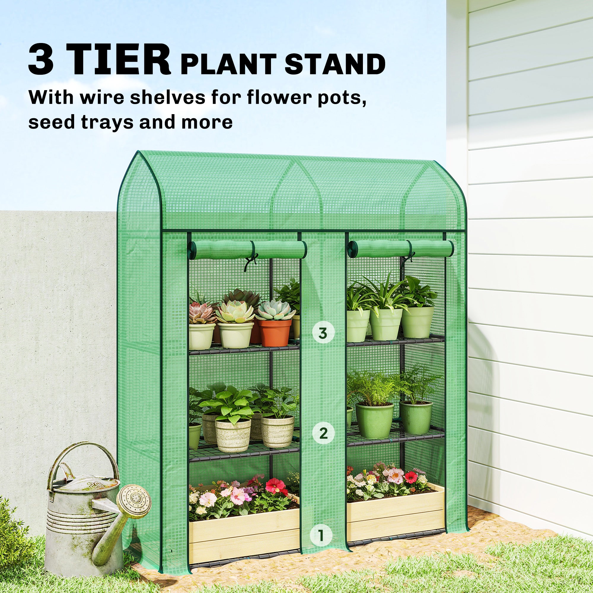 3 Tier Mini Greenhouse, Small Portable Greenhouse with 2 Roll-up Doors, 56.3" x 18.1" x 65", Green - Green - Image 4