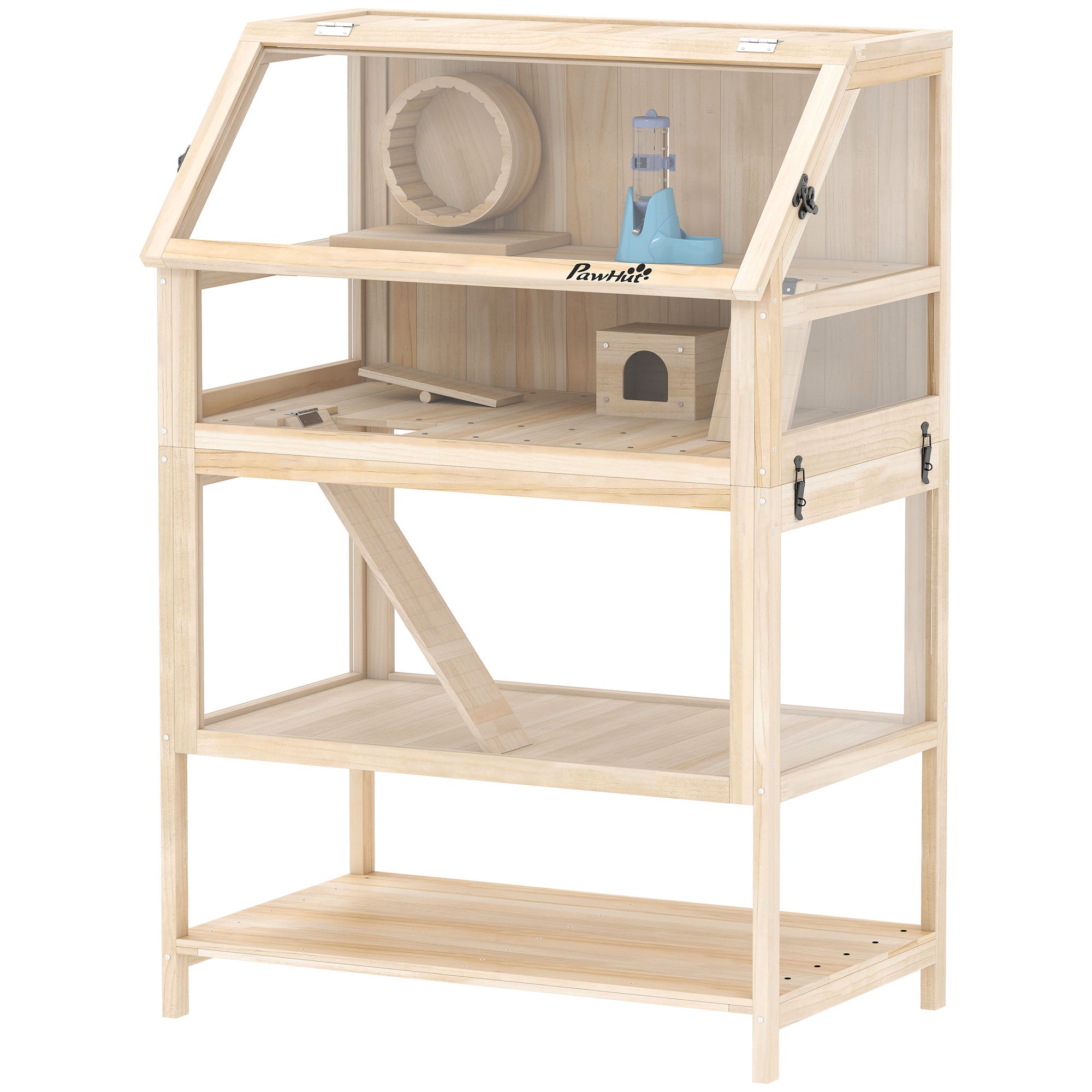 Wooden Hamster Cage with Detachable Lower Floor, Storage Shelf, Hut, Seesaw, Exercise Wheel, Ramps for Dwarf - Natural Wood