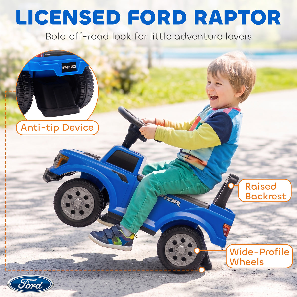 Qaba Toddler Car Licensed Ford Raptor with Headlights, Horn, Under Seat Storage, Anti-Tip Design for 18-36 Months, Blue