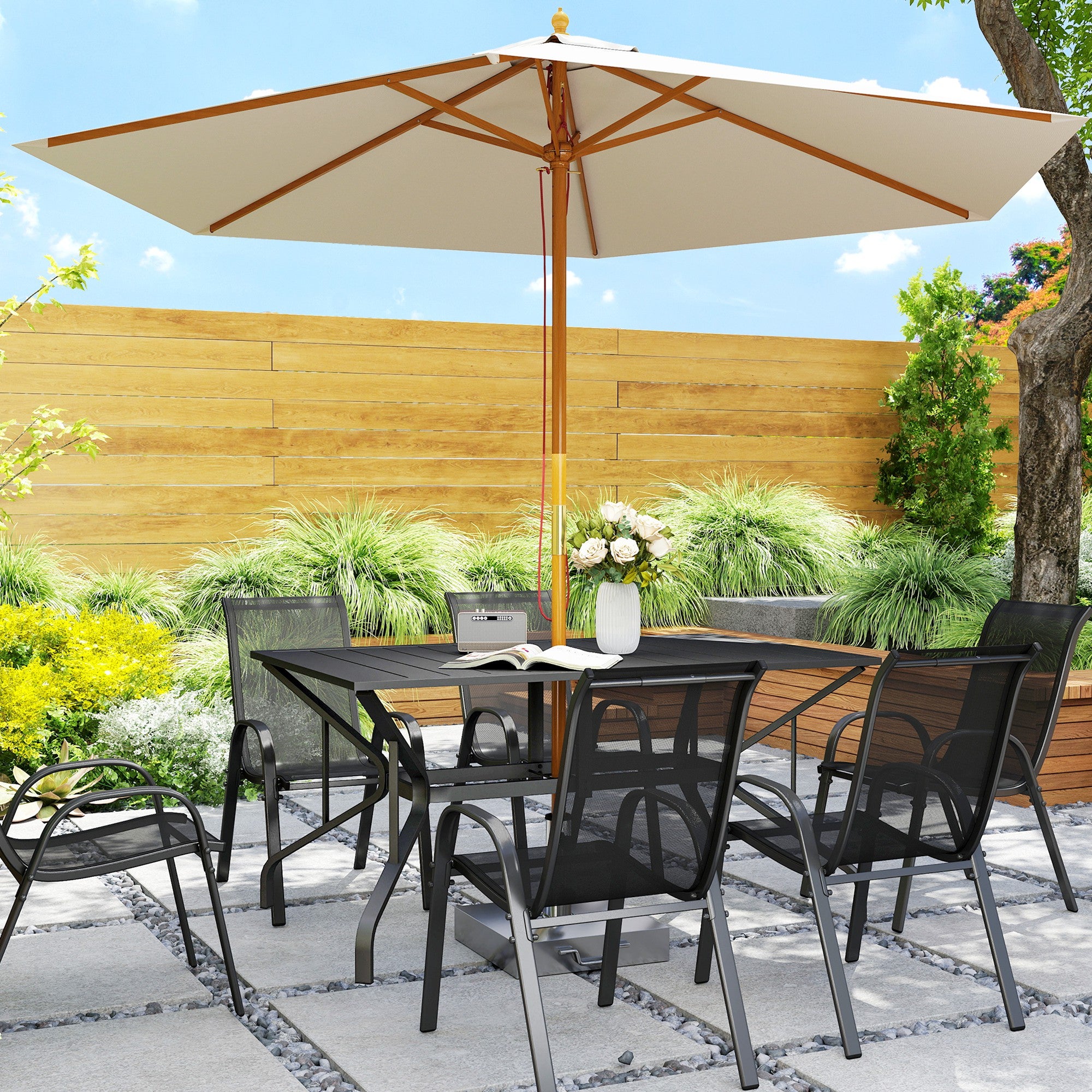 Rectangular Patio Table with Umbrella Hole, Steel Rectangle Outdoor Dining Table for 6 People for Garden, Black