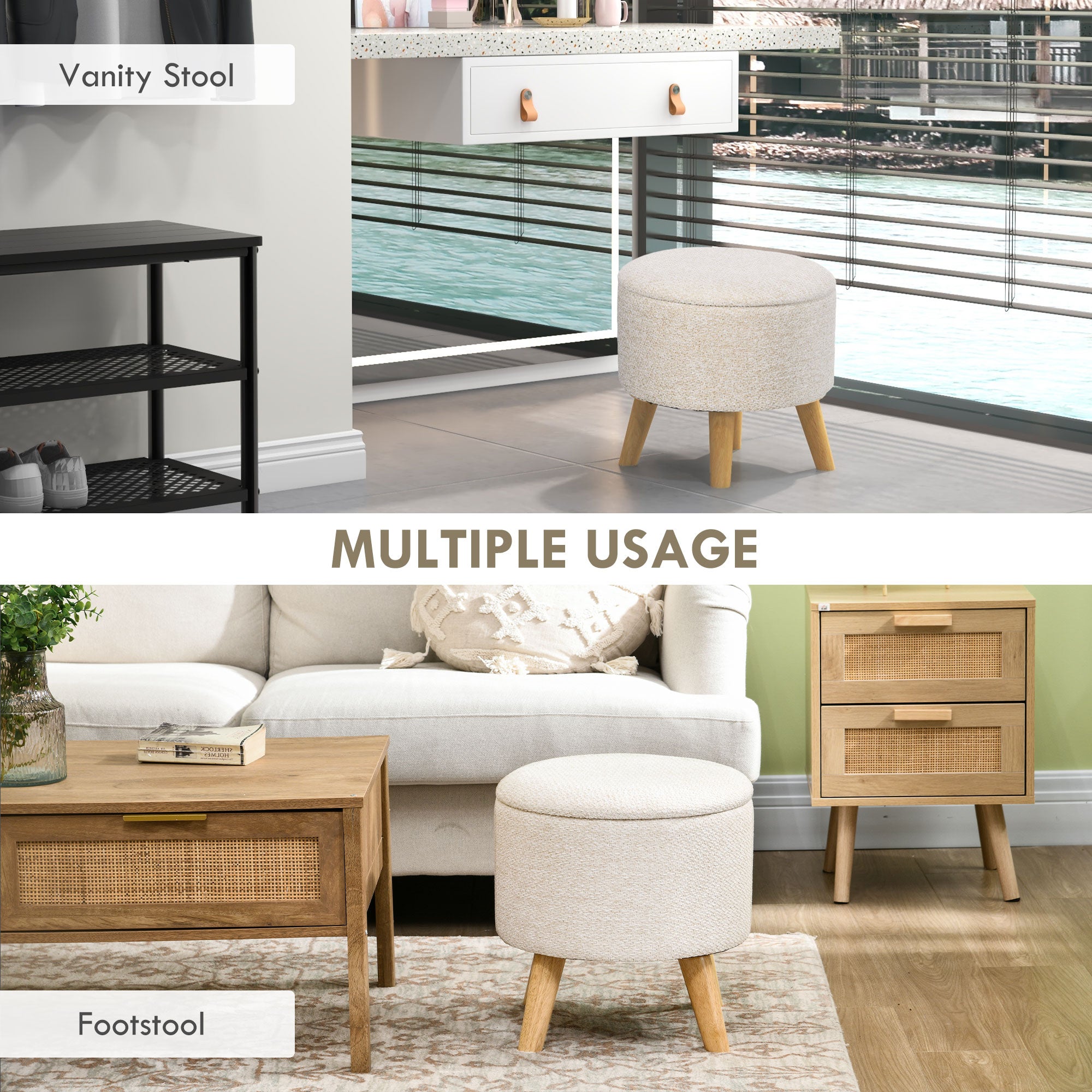 Round Ottoman Stool with Storage, Linen Fabric Upholstered Foot Stool with Padded Seat, Hidden Space and Wood Legs