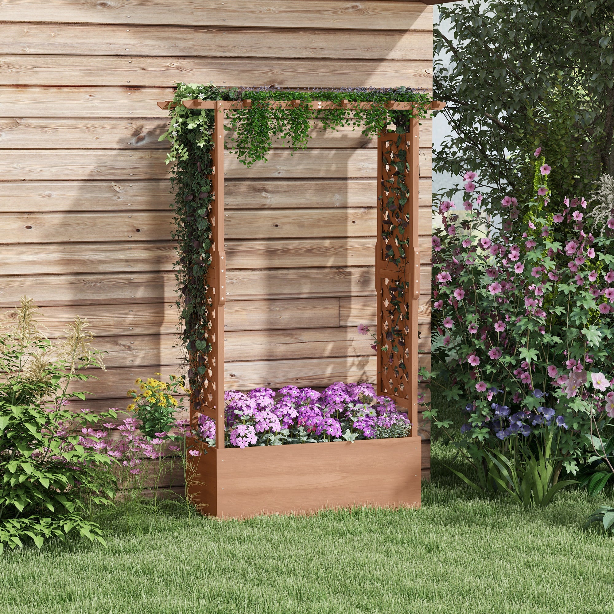 Raised Garden Bed with Trellises and Roof for Climbing Plant Vine, Hanging Flowers, 70.75" Tall Outdoor Wood Planter Box with Drainage & Filter - Brown - Image 2