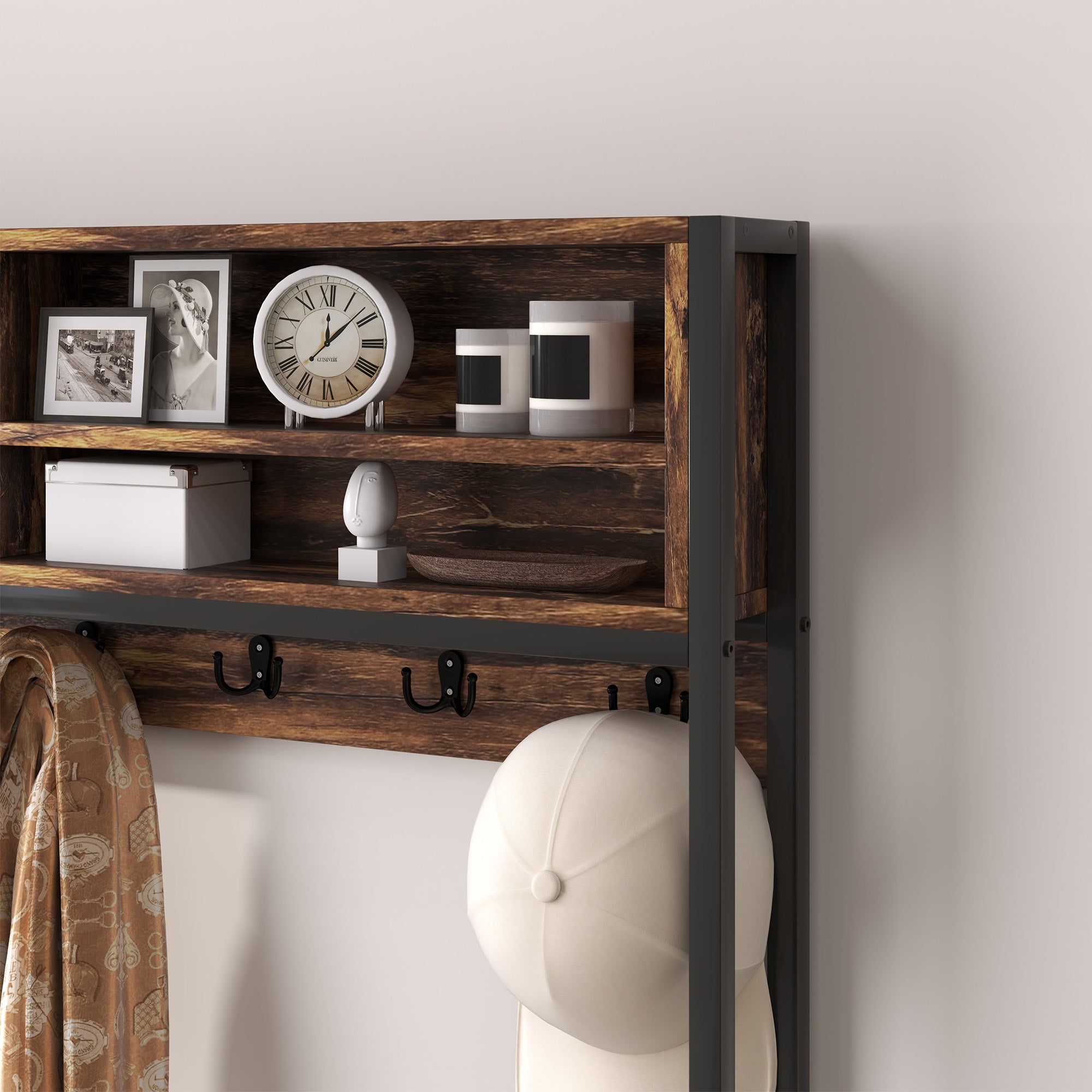 Hall Tree with Bench and Shoe Storage, 5-in-1 Entryway Bench with Coat Rack, 3 Storage Shelves, 2 Fabric Drawers, Brown