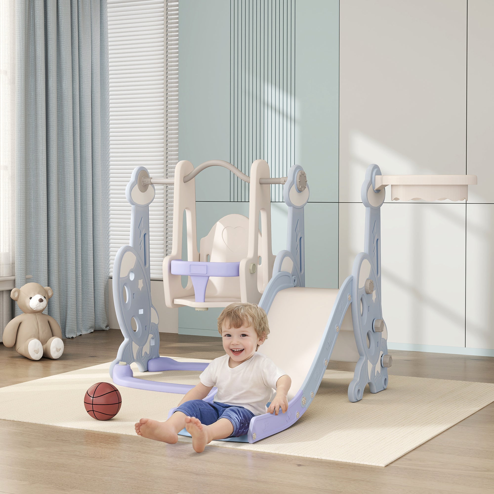 4 in 1 Toddler Slide and Swing Set for Ages 1.5-4, Toddler Playset Playground with Climber, Basketball Hoop, Light Blue