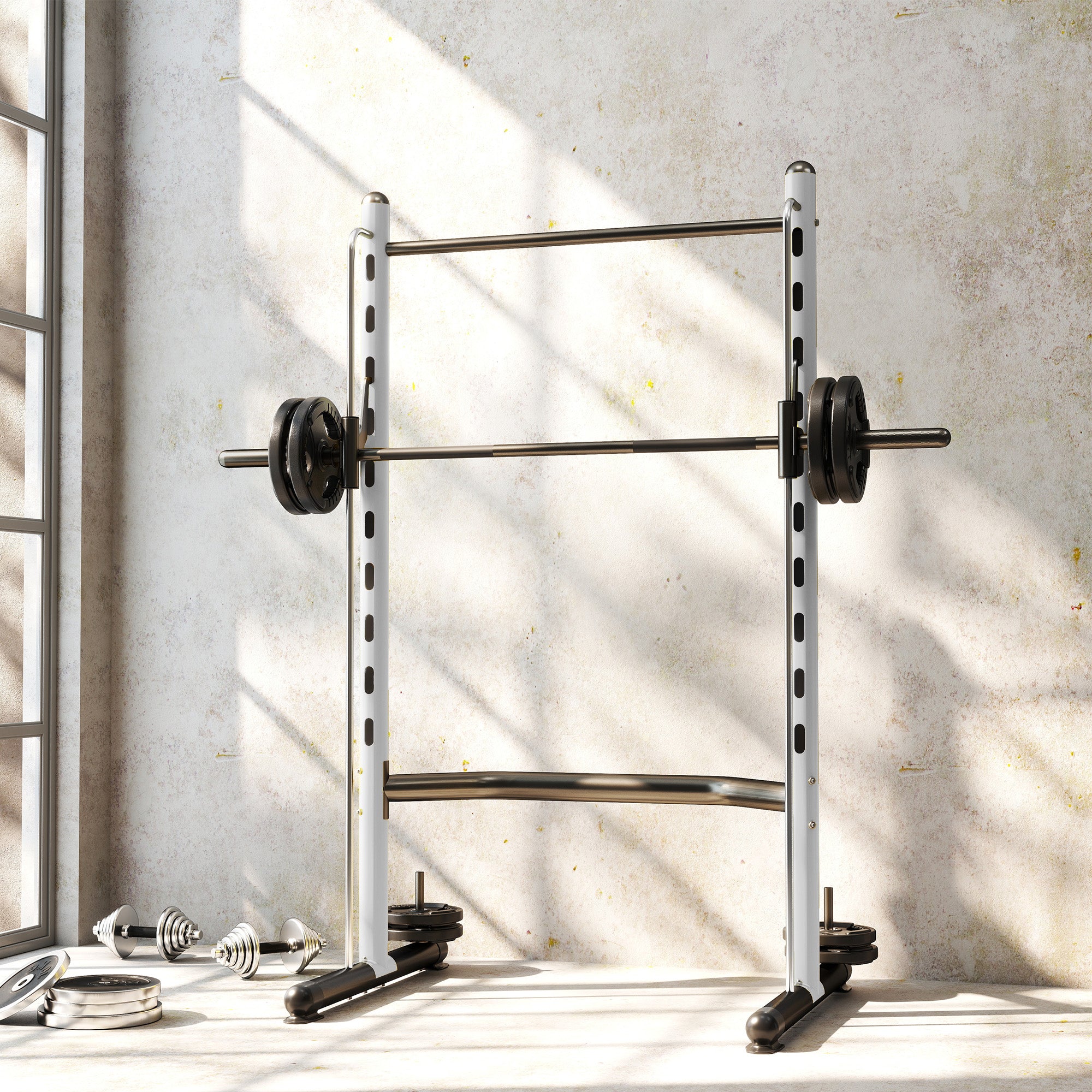 Squat Rack with Pull Up Bar and Barbell Bar Adjustable Bench Press Multi-Function Weight Lifting Half Rack, White