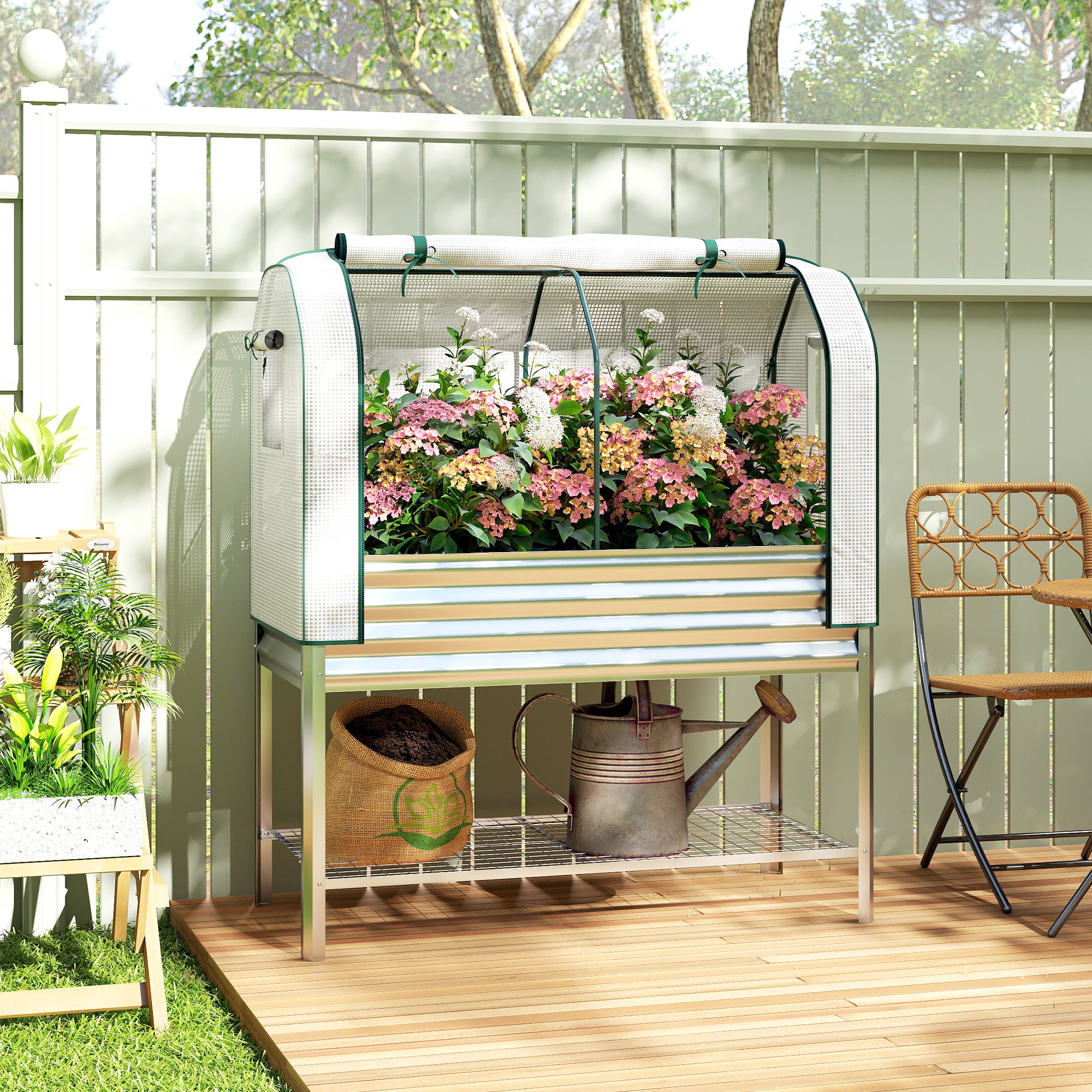 Galvanised Raised Garden Bed with Greenhouse Cover, Metal Elevated Garden Bed with Bed Liner, Bottom Shelf, Silver - Silver - Image 2