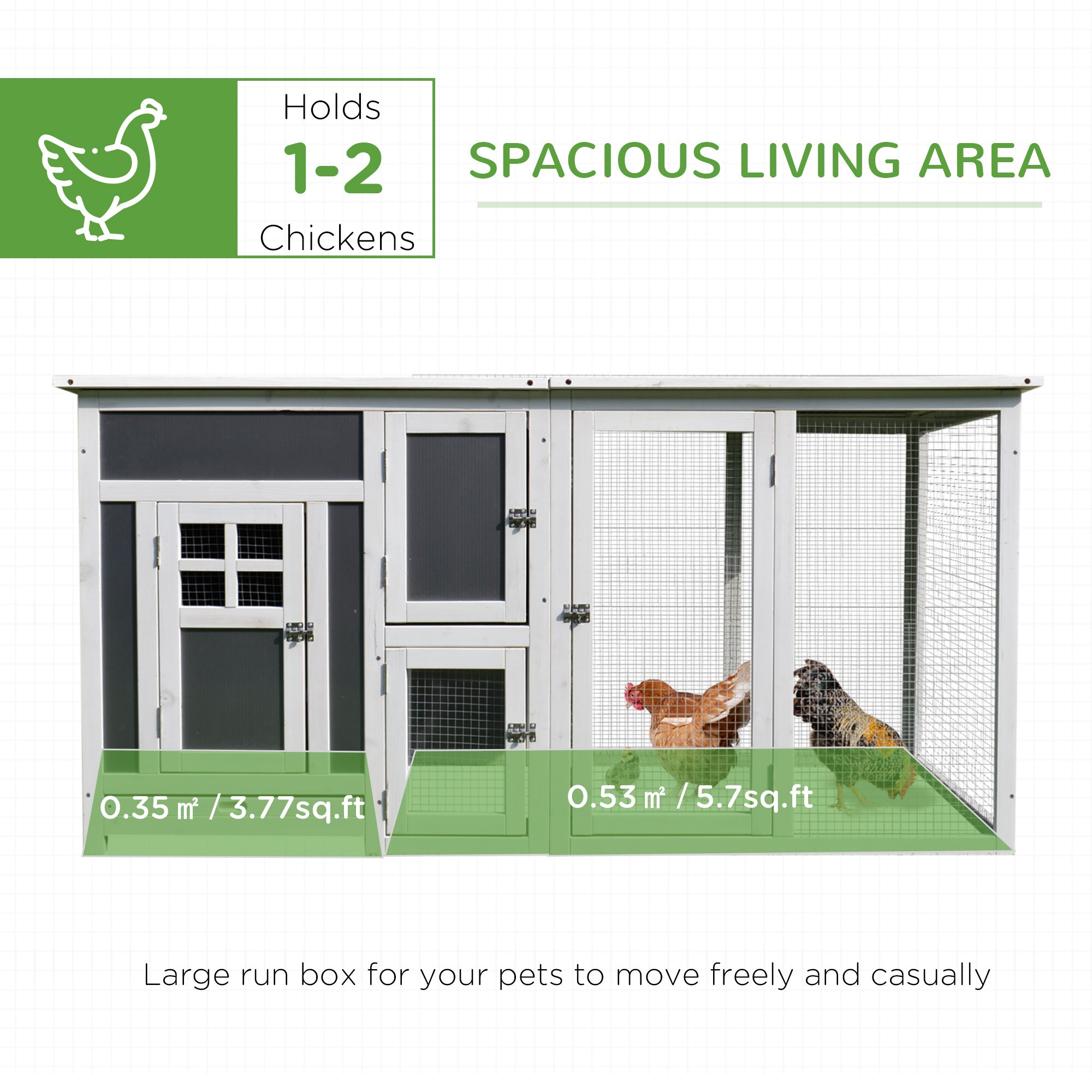 63" Chicken Coop Wooden Chicken House Rabbit Hutch Poultry Cage Hen Pen Backyard PC Roof with Run Box - Grey and White - Image 4