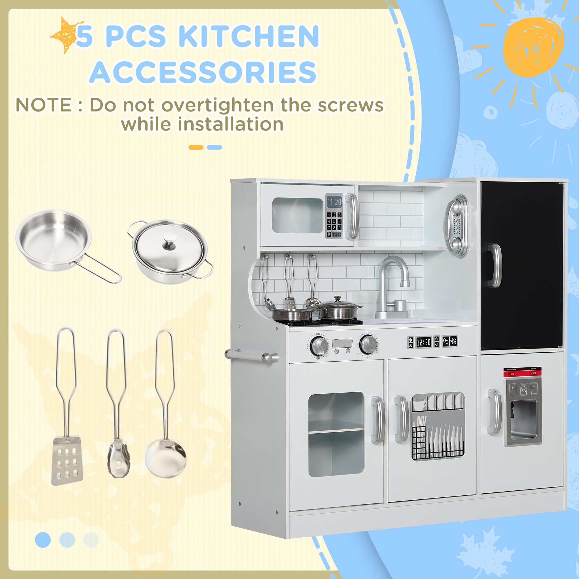 Pretend Play Kitchen, Kids Kitchen Playset with Play Phone, Chalkboard, Towel Rack & Ice Maker for 3-8 Years White