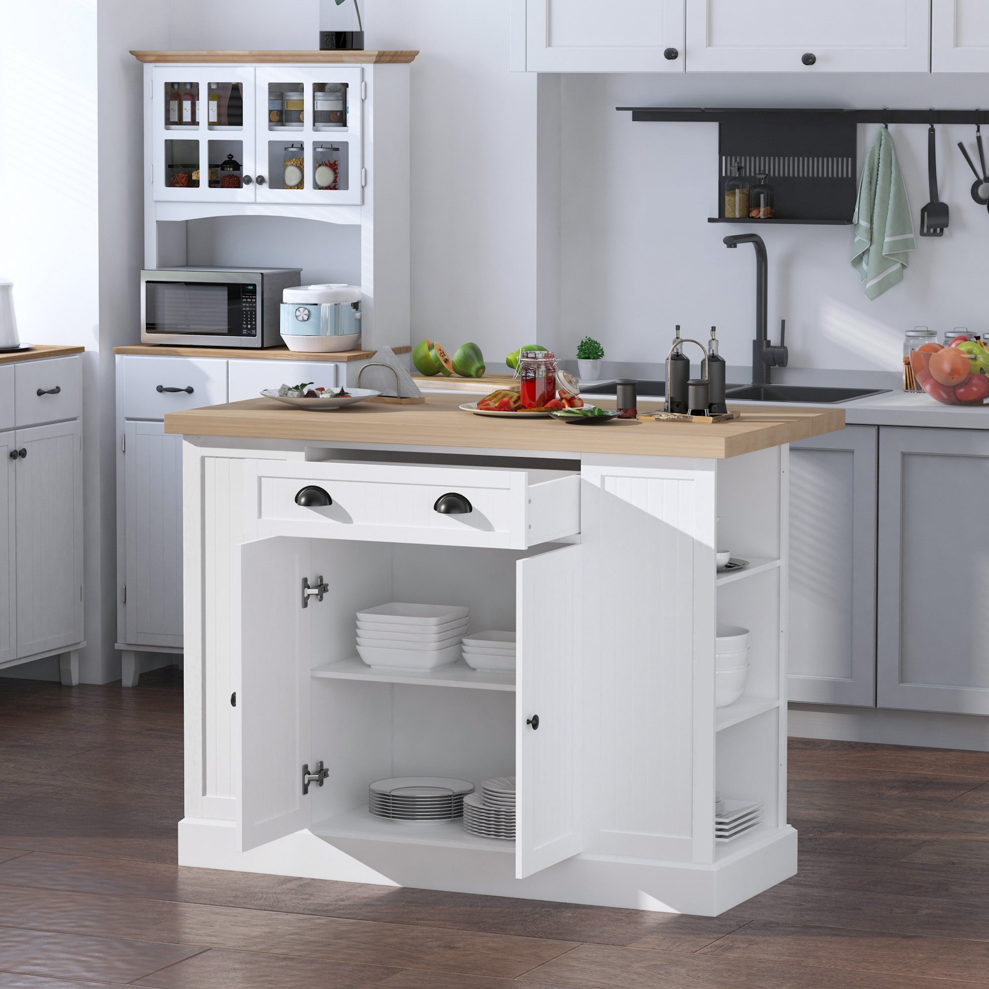 47" Fluted-Style Wooden Kitchen Island, Kitchen Countertop Storage Cabinet with Drawer, Open Shelves, Storage, White