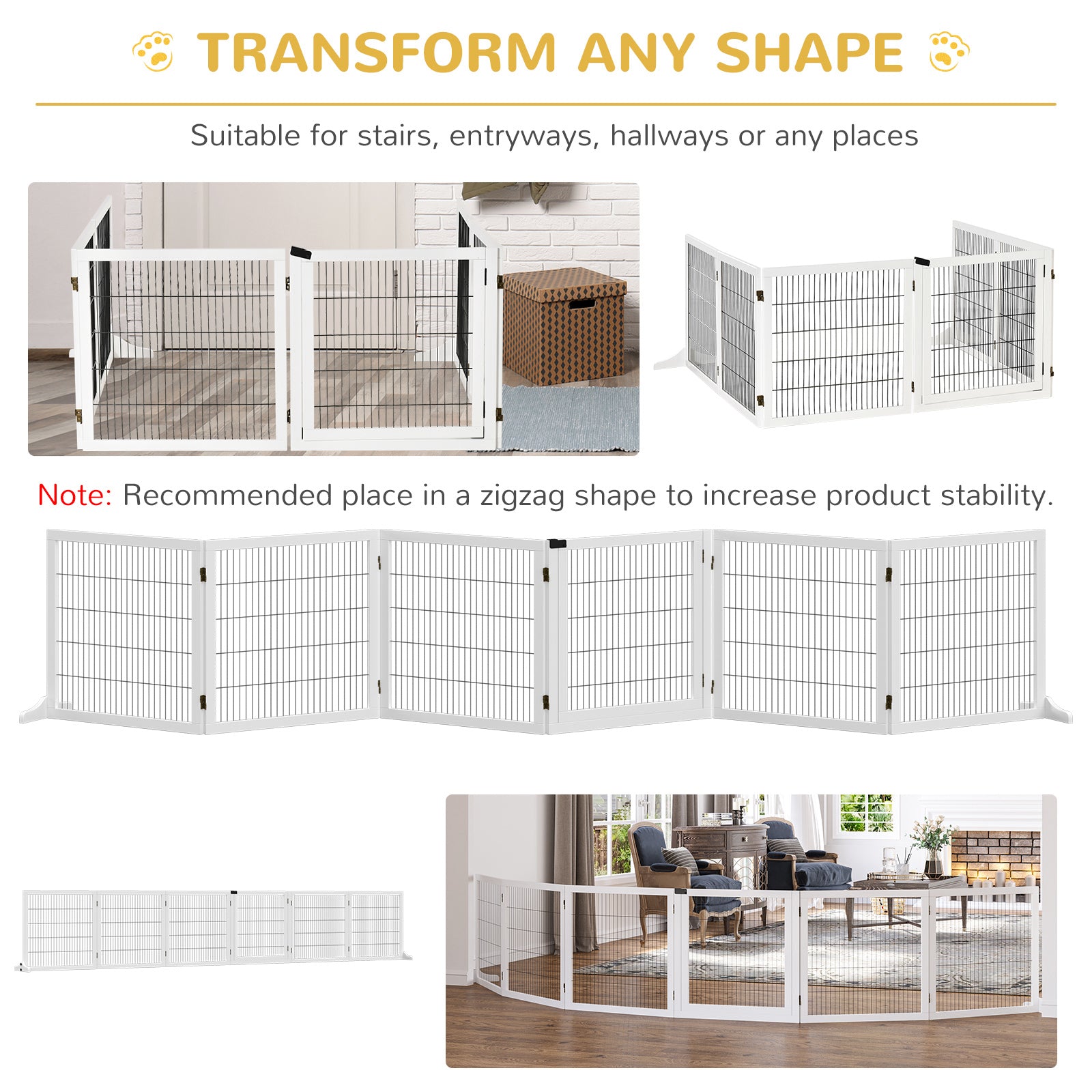 Wooden Pet Gate, 6-Panel Folding Dog Safety Barrier with Support Feet for Small & Medium Dogs, White - White - Image 5