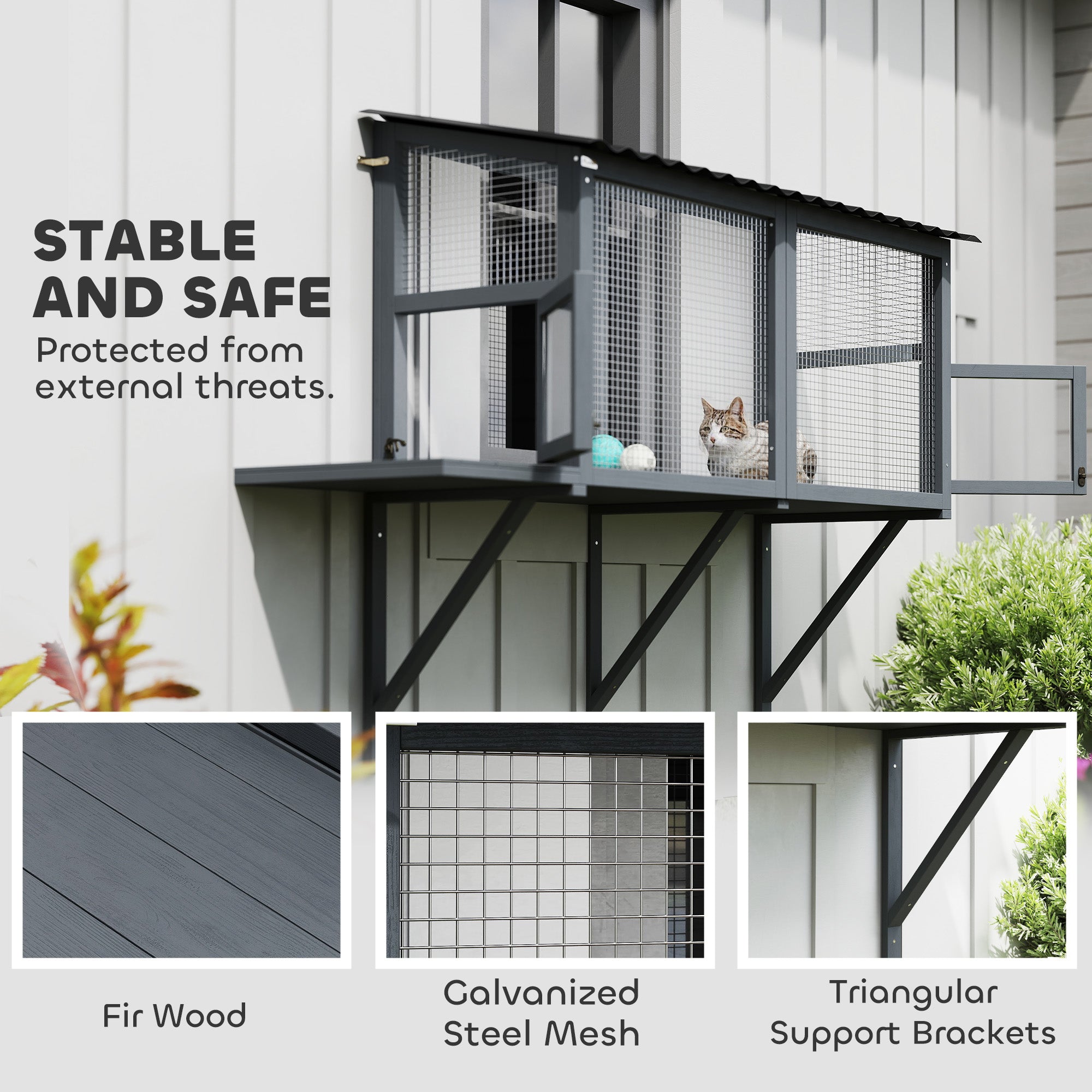 Wooden Cat Catio, Outdoor Cat Enclosure Window Perch with Jumping Platform, for Safely Enjoying Outdoor Sights, Gray - Gray - Image 6