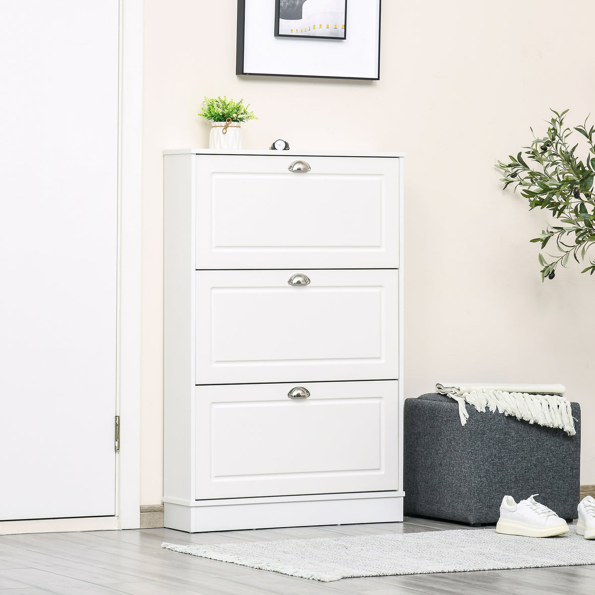 Shoe Cabinet, Narrow Shoe Storage Cabinet with 3 Flip Drawers, Holds 12 Pairs for Entryway, Hallway, White