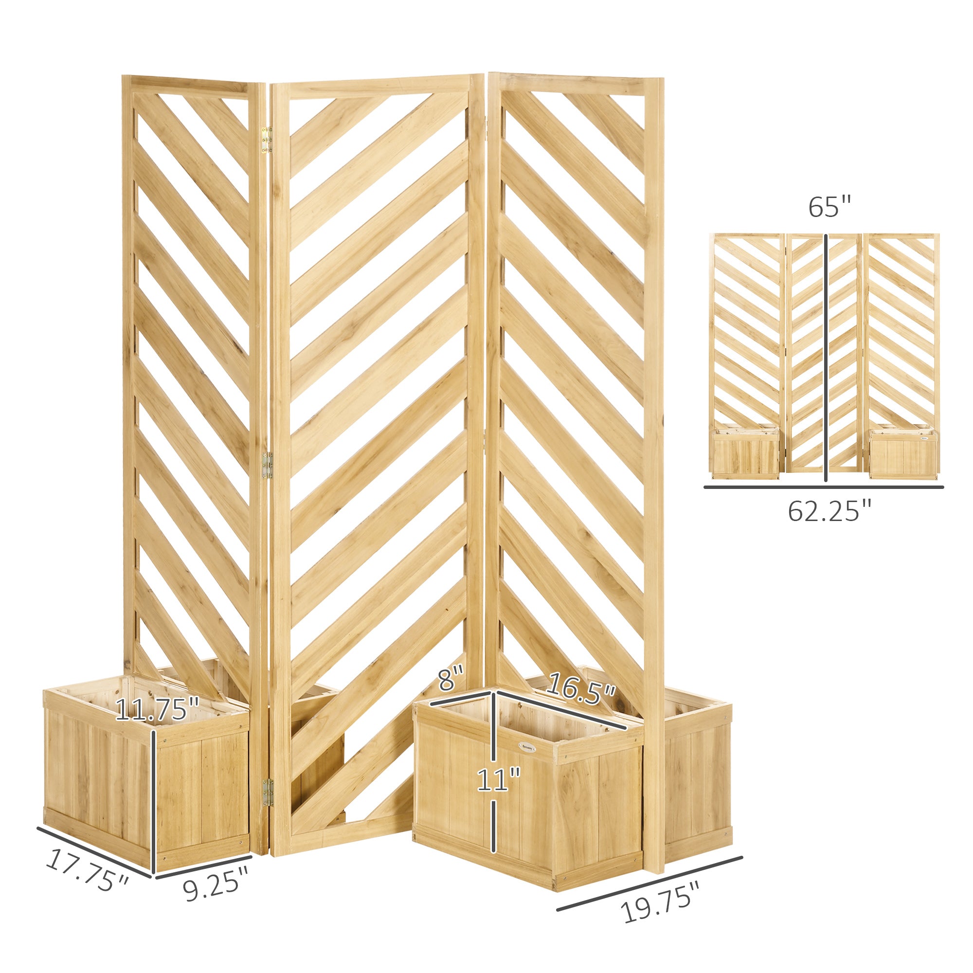 Decorative Outdoor Privacy Screen, Freestanding Divider/Separator with 4 Self-Draining Planters, 3 Trellis Plant Support Panels for Garden Walkway, Backyard, Natural Wood - Natural wood finish - Image 3