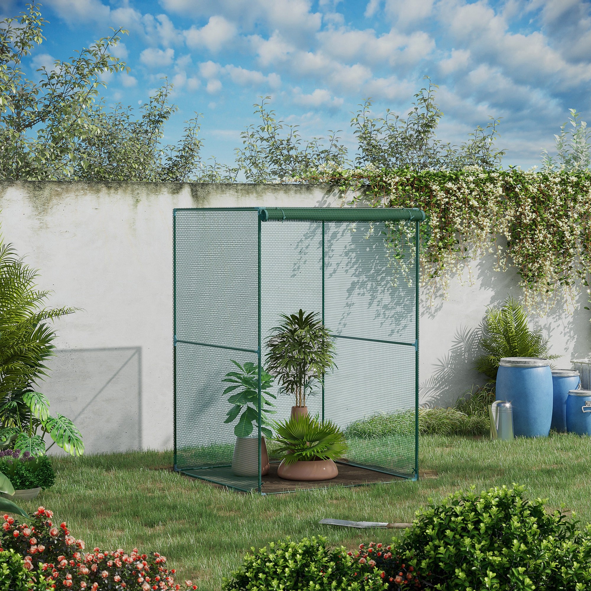 Walk-in Crop Cage, Plant Protectors from Animals with Roll Up Zippered Door, 3.9' x 3.9' x 5.9', Dark Green - Green - Image 2