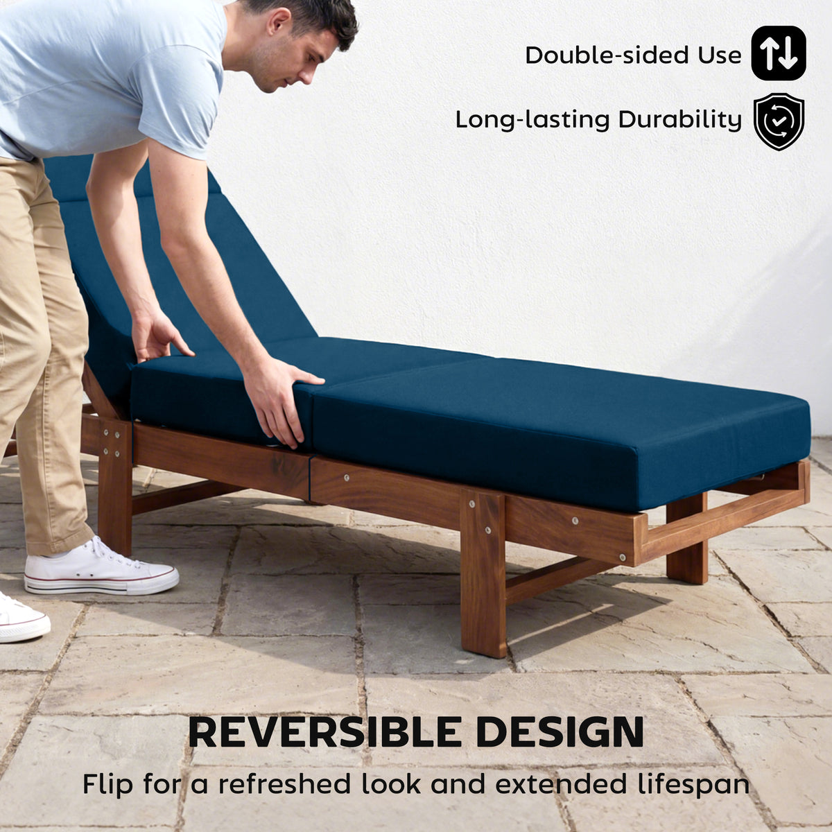 Set of 2 Chaise Lounge Cushion, 4" Thick Outdoor Lounge Chair Cushions with Ties for Patio, 21" x 72", Navy Blue