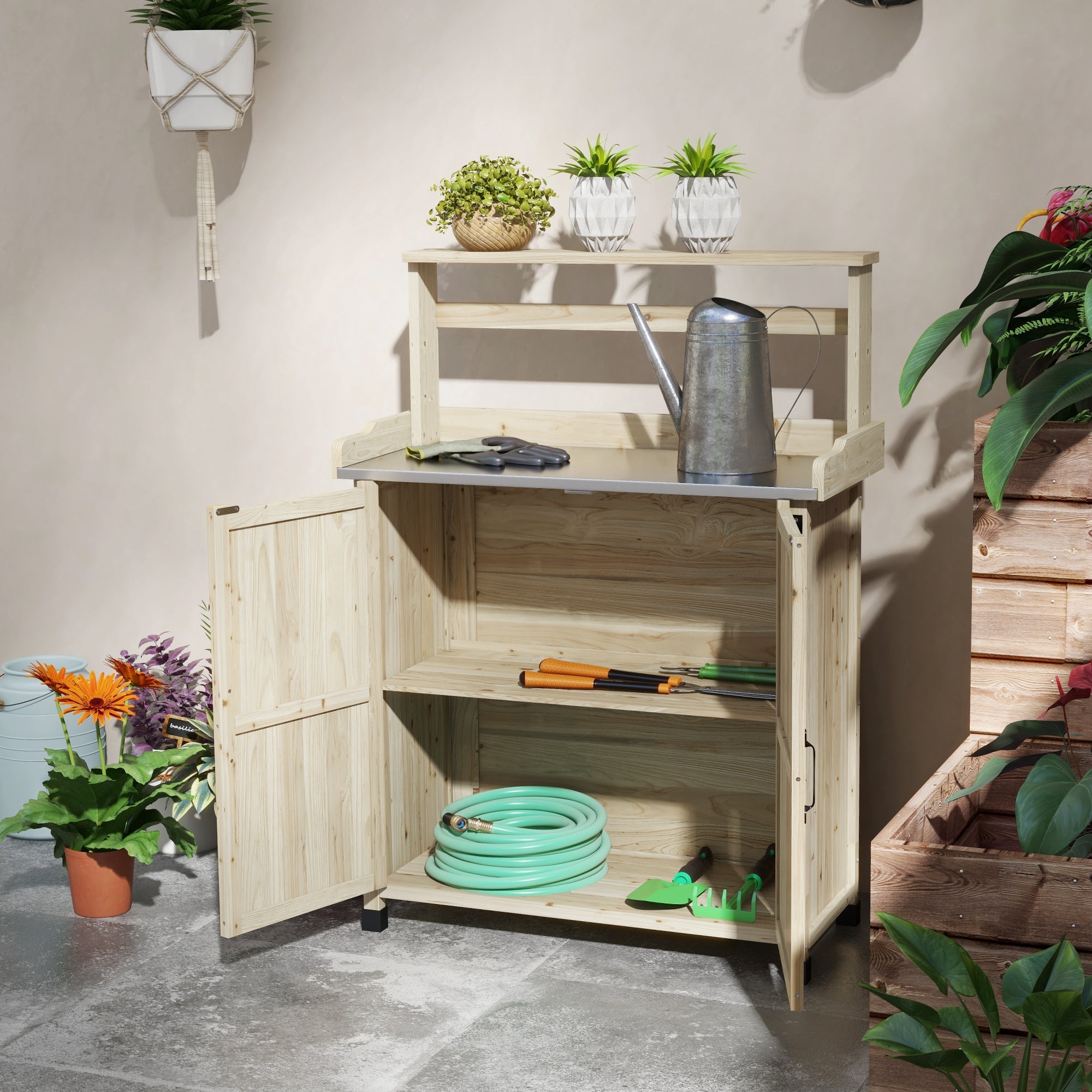 Outdoor Wooden Potting Bench with Storage Cabinet, Shelves, Galvanized Plated Tabletop for Backyard, Balcony, Natural - Natural Wood - Image 7
