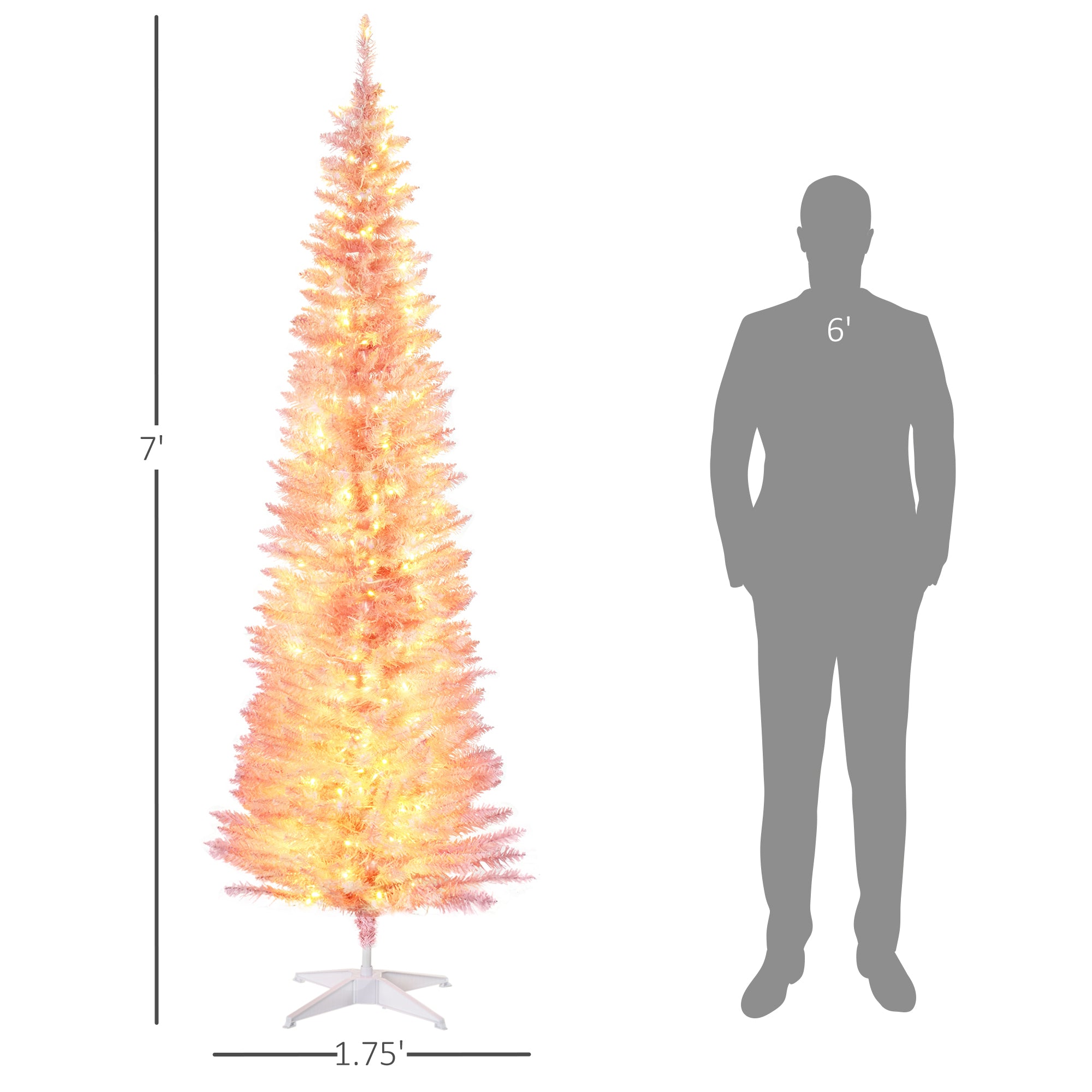 7ft Pencil Christmas Tree, Slim Artificial Christmas Tree with Realistic Branches and Warm White LED Lights, Pink