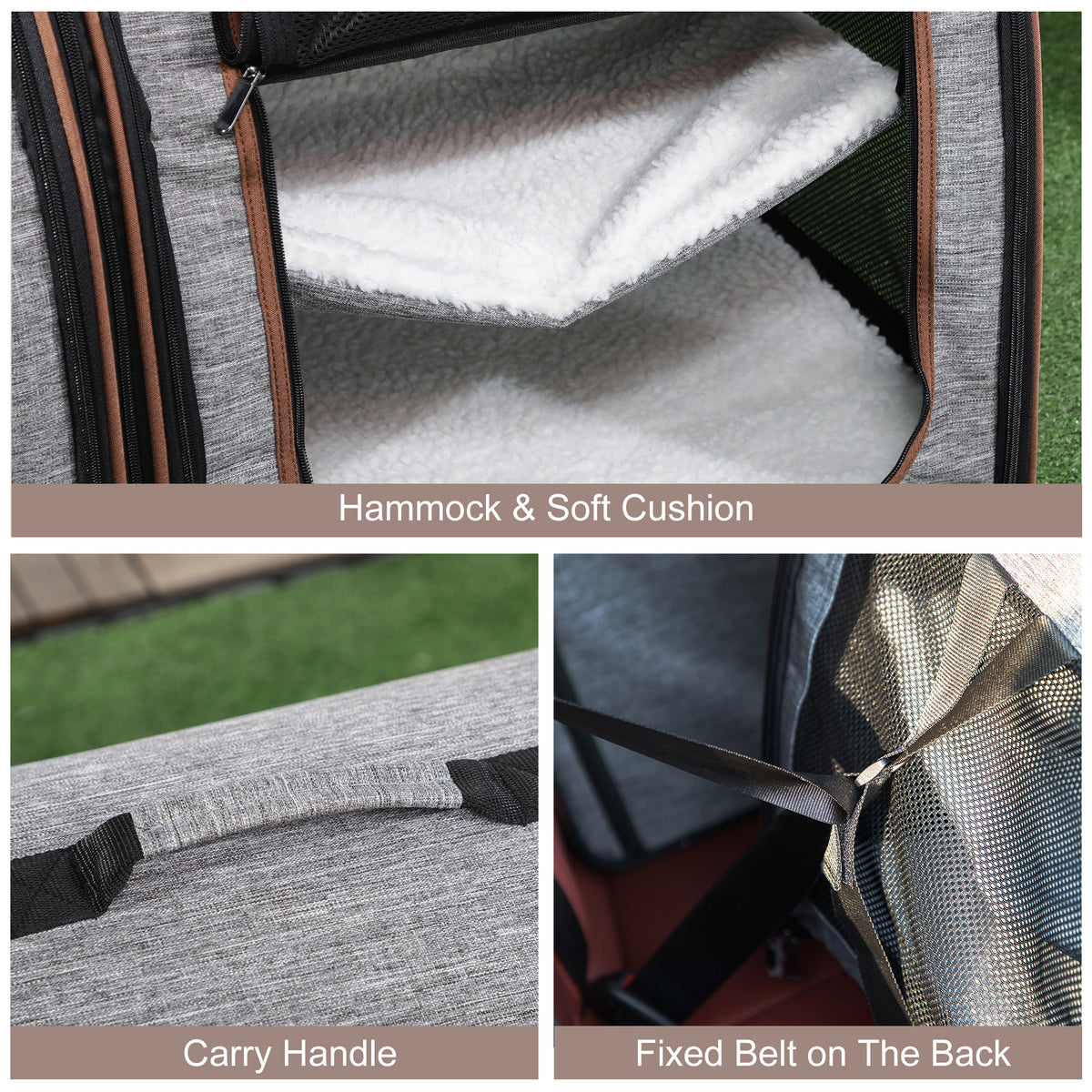 39" Portable Soft-Sided Pet Cat Carrier with Divider, Two Compartments, Soft Cushions, & Storage Bag, Gray