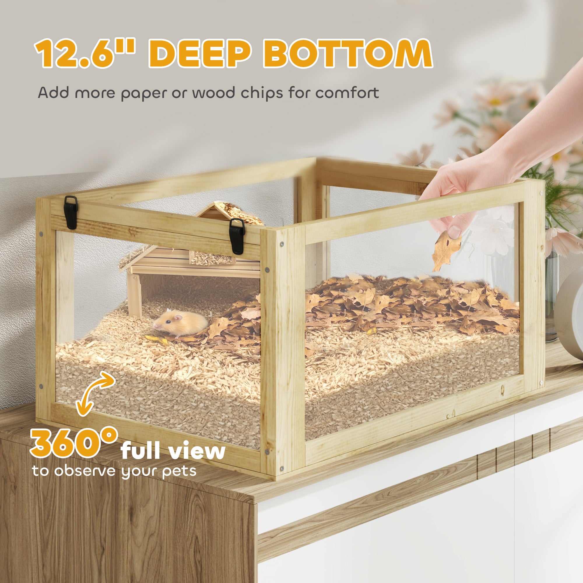 3 Tier Wooden Hamster Cage w/ Detachable Bottom, Hut, Seesaw, Exercise Wheel, Ramps, 24" x 16" x 29.5" - Natural Wood - Image 5