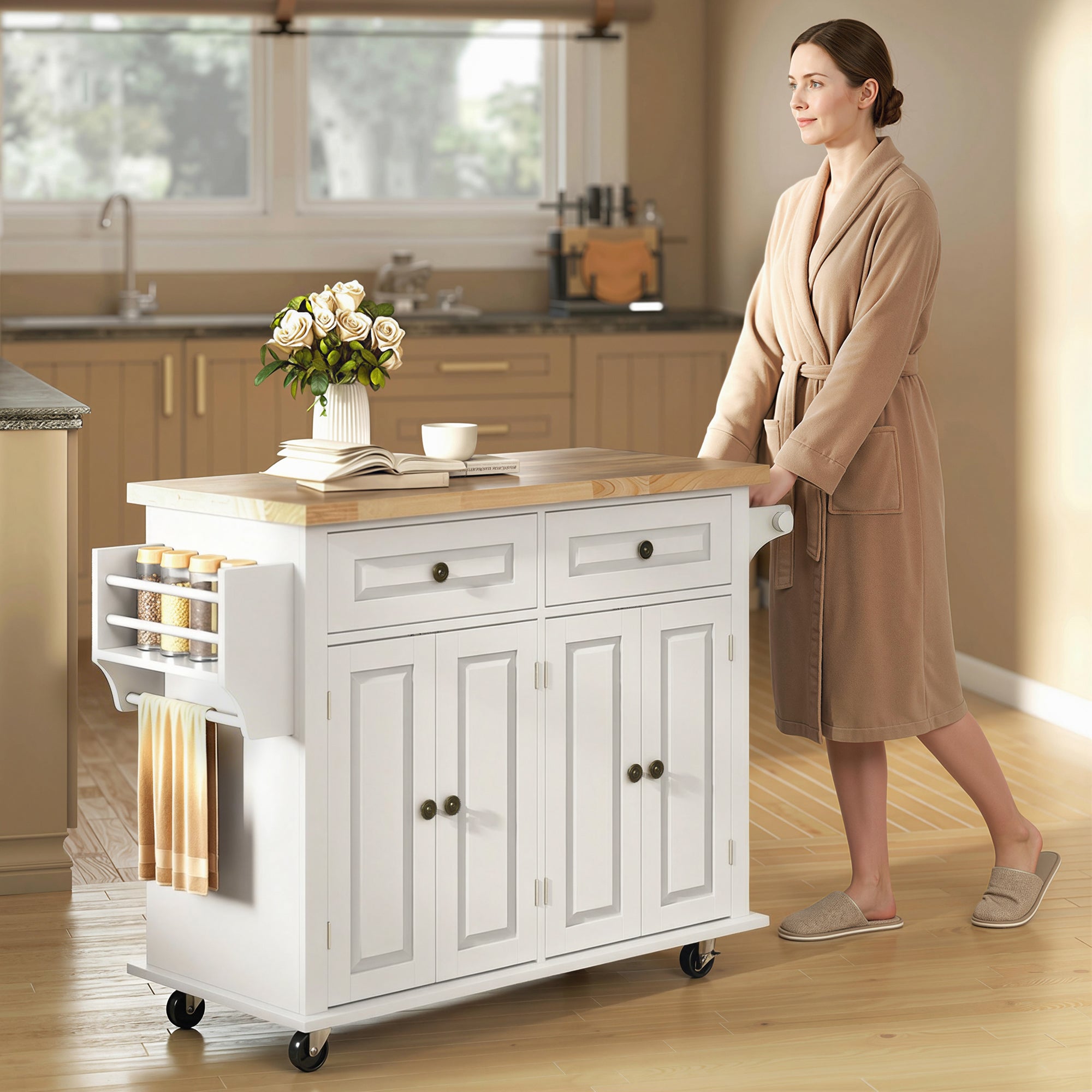 44" Mobile Kitchen Island Table, Kitchen Island Cart on Wheels with Storage Cabinets, 2 Drawers, White