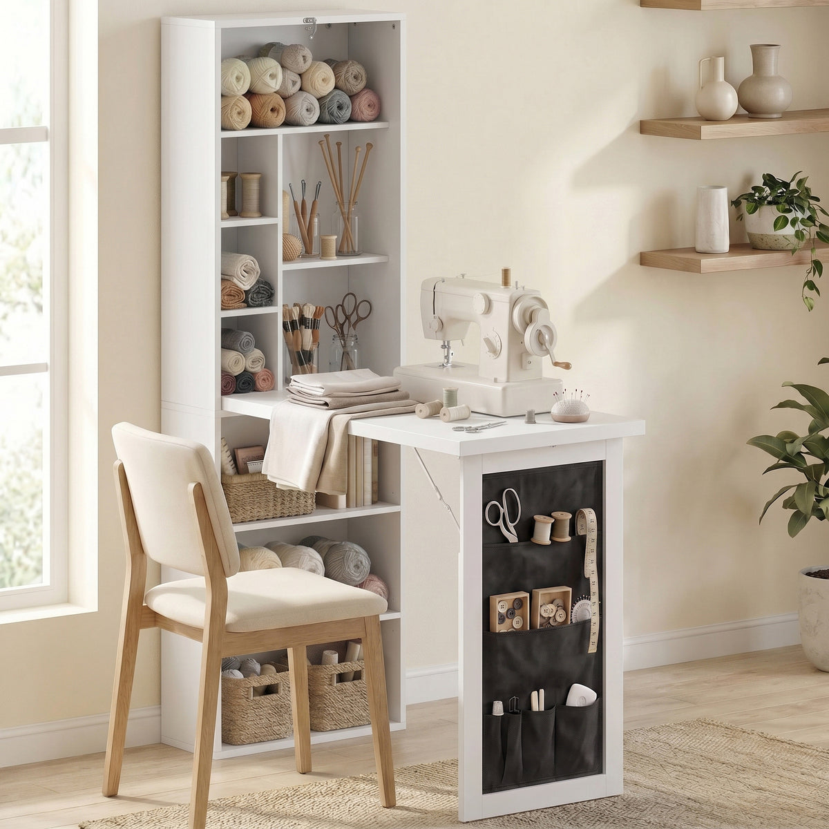 Foldable Convertible Writing Table with Storage Shelves, Bag, Wall-Mounted Space-Saving Computer Desk, White