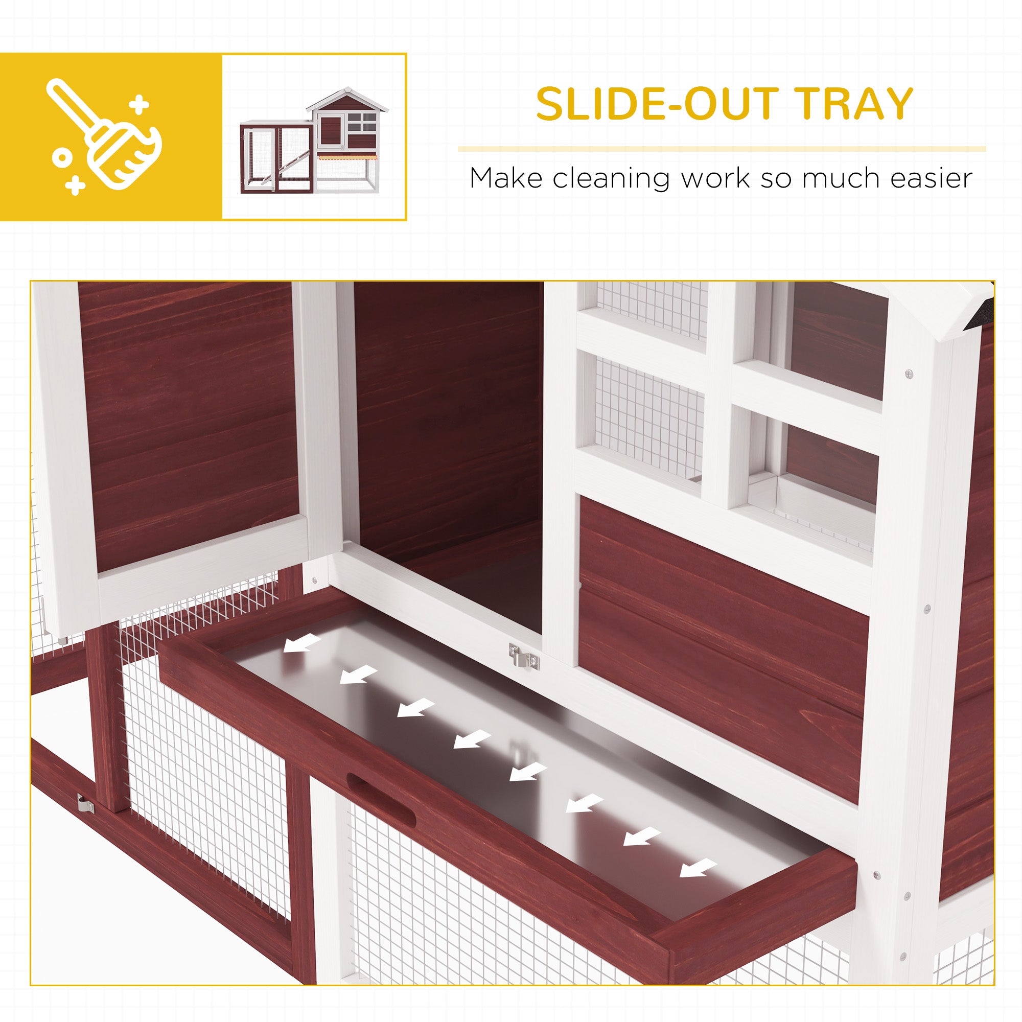 49" Wooden Rabbit Hutch Bunny Cage with Waterproof Asphalt Roof, Fun Outdoor Run, Removable Tray and Ramp, for Rabbits, Chickens, Ducks, Brown - Brown and White - Image 6