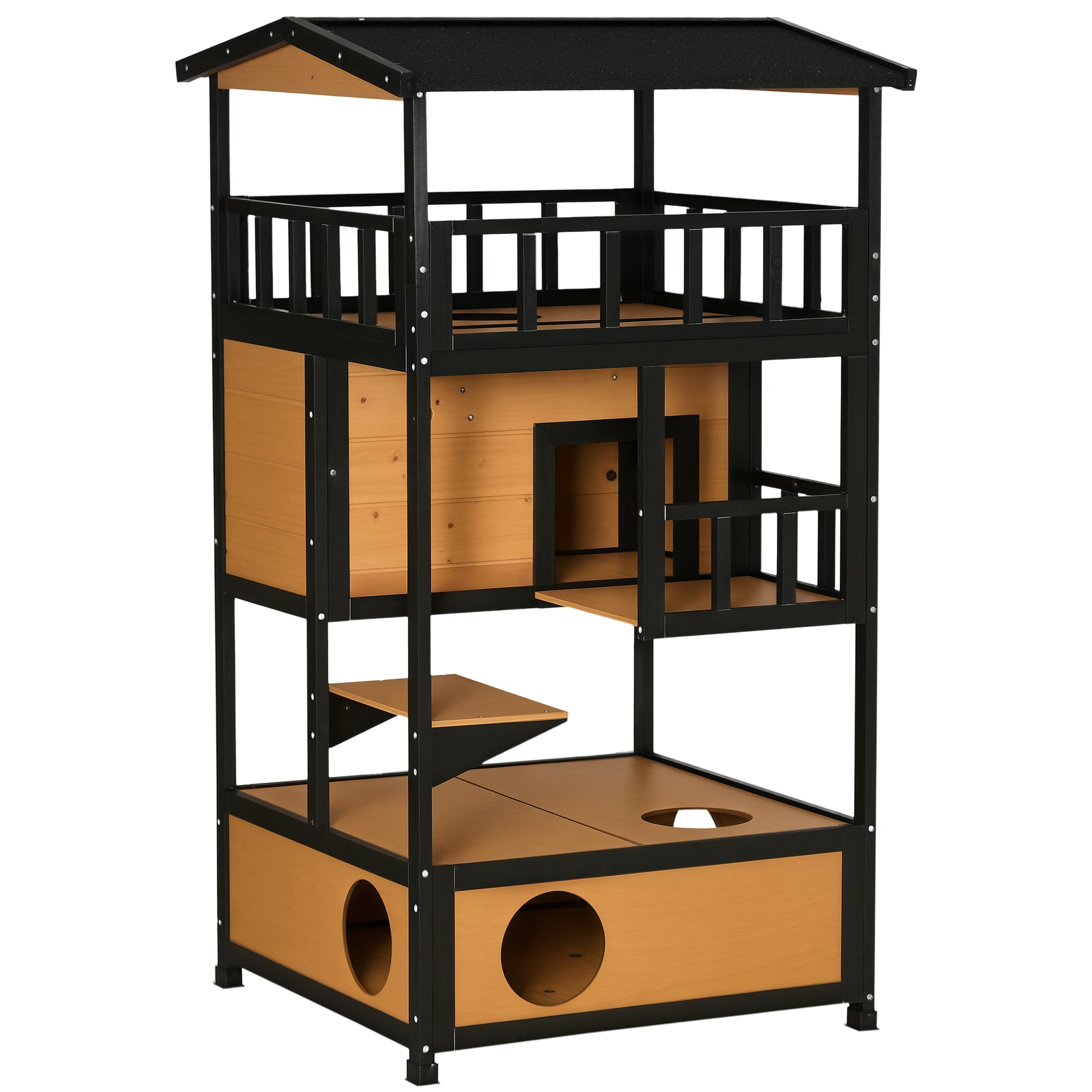 Wooden Outdoor Cat House, Feral Cat Shelter Kitten Condo with Asphalt Roof, Escape Doors, Condo, Jumping Platform, Yellow - Yellow
