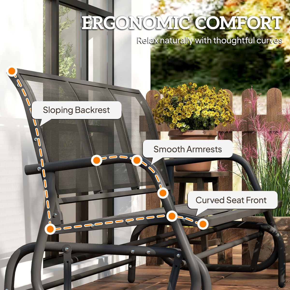 3-Person Outdoor Patio Glider Bench, Porch Glider Swing with 3 Seats, Breathable Mesh Fabric, Metal Frame, Black