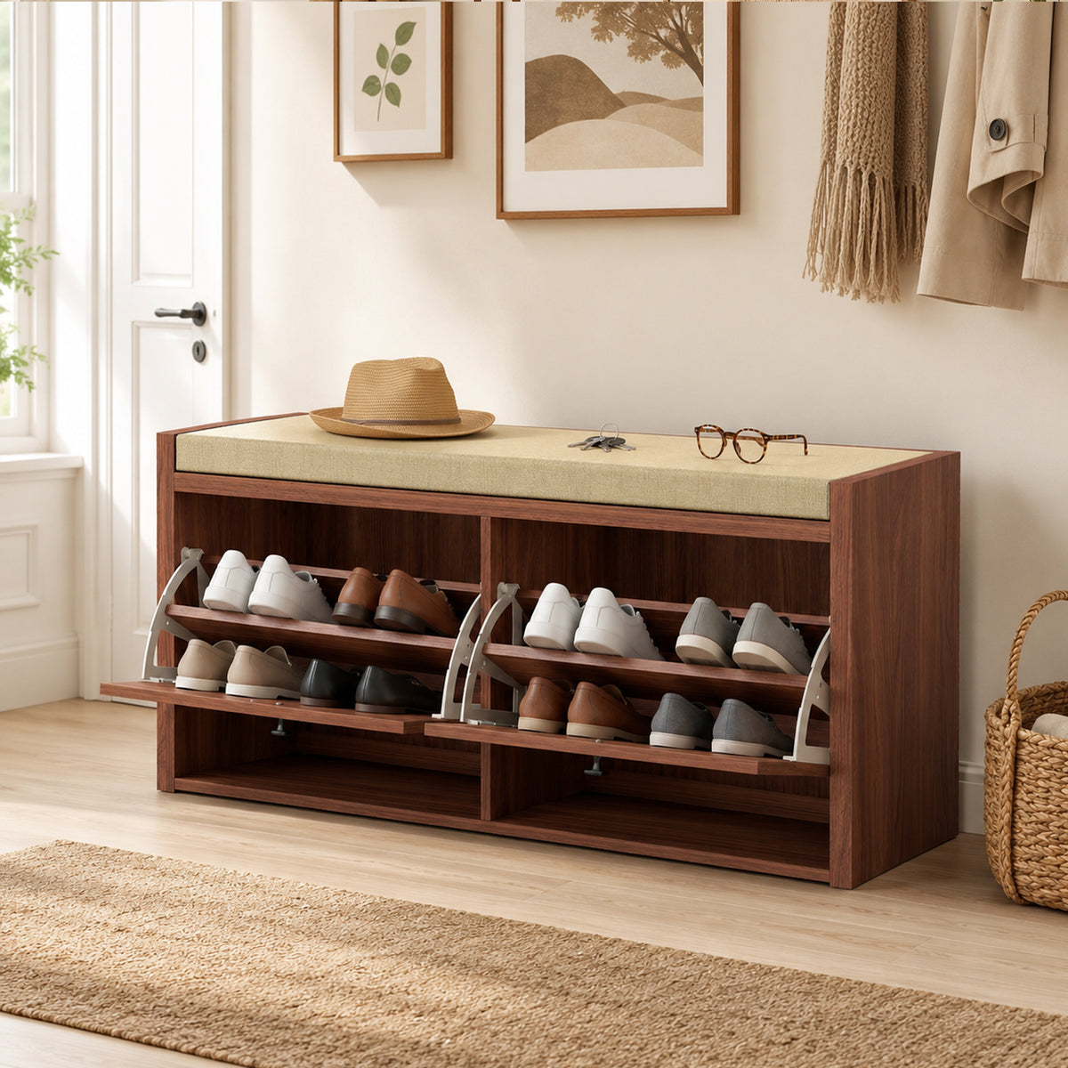 Shoe Storage Bench with Padded Seat, Shoe Storage Bench 2 Rattan Doors for Entryway, Brown